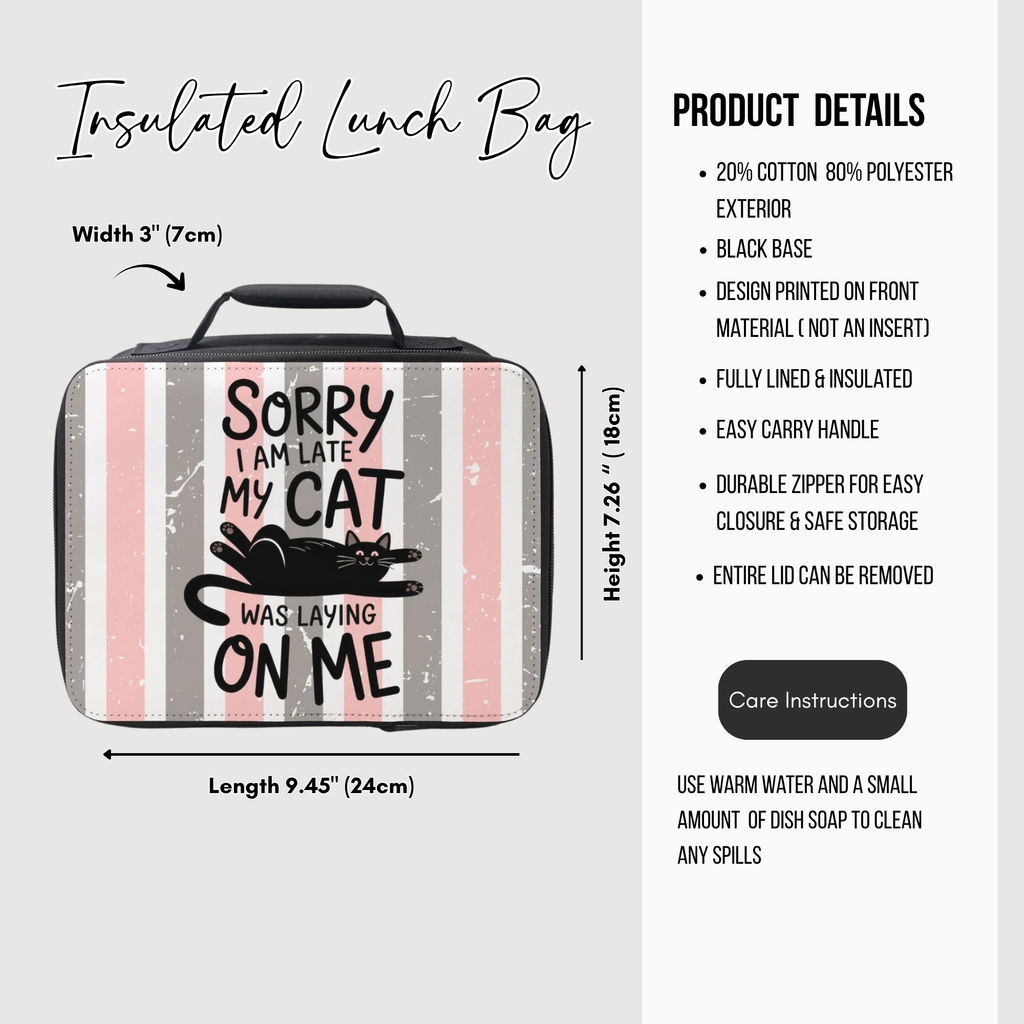 Insulated lunch bag with cat design and product details on a white background