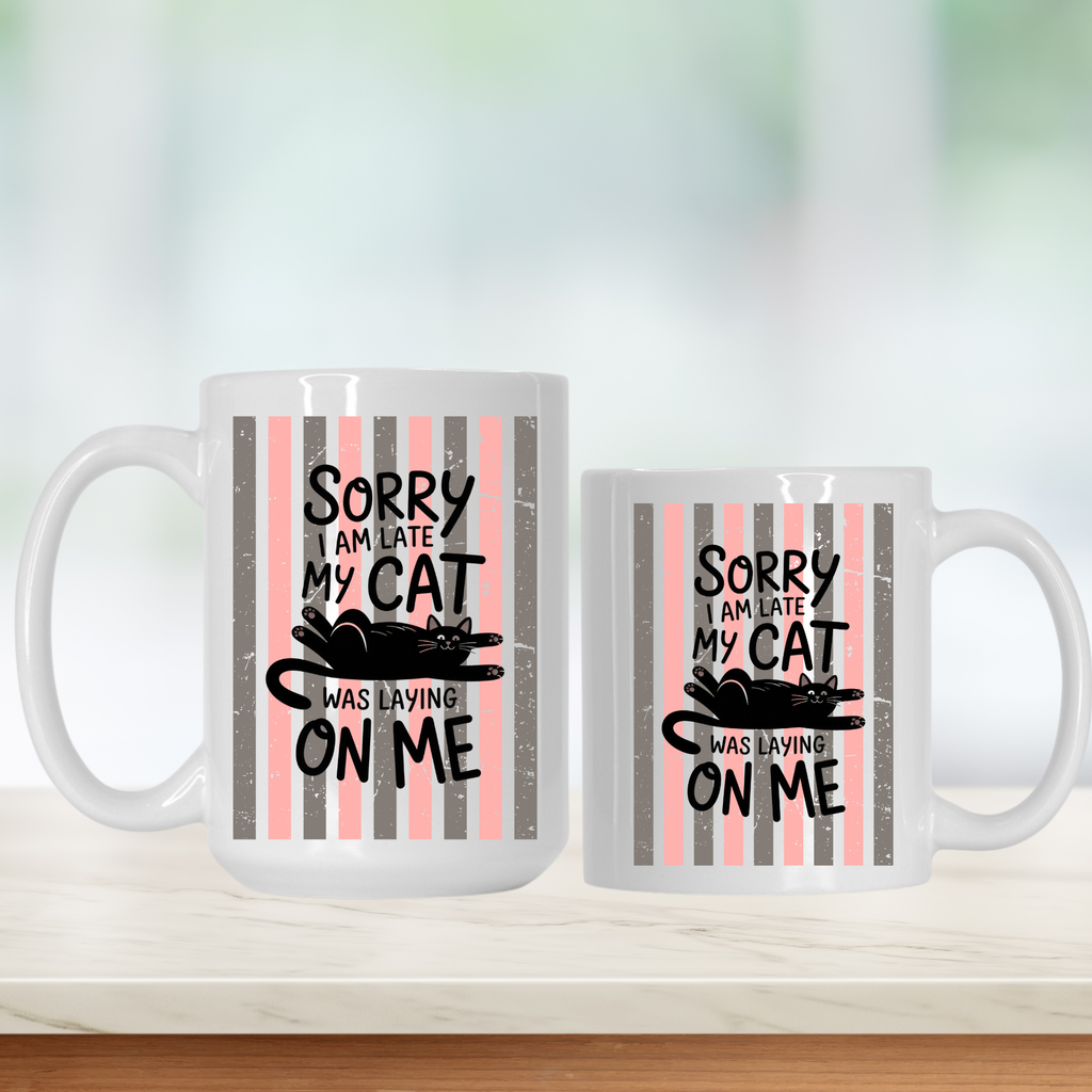 Two mugs with a cat-themed design and text on a white background