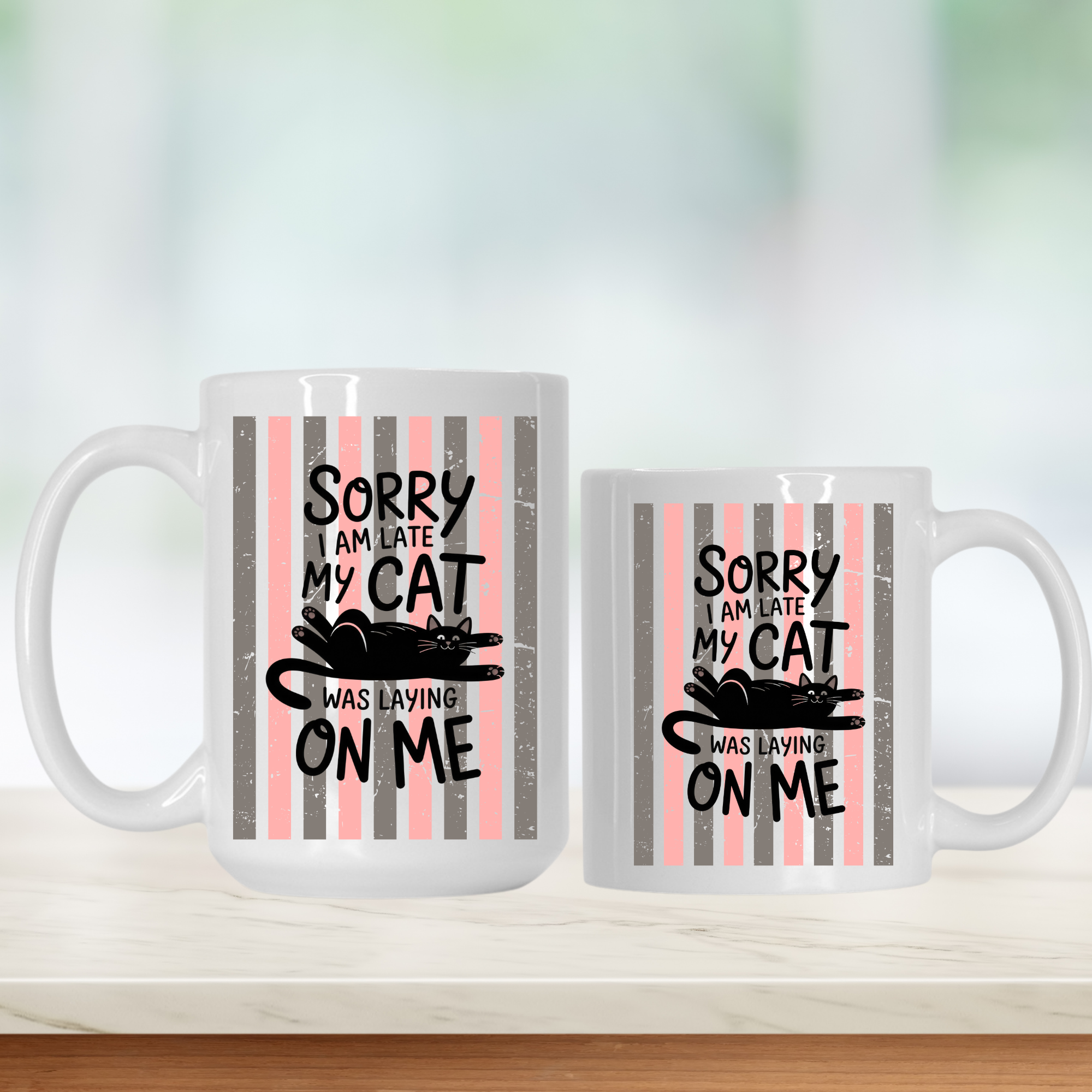Two mugs with a cat-themed design and text on a white background