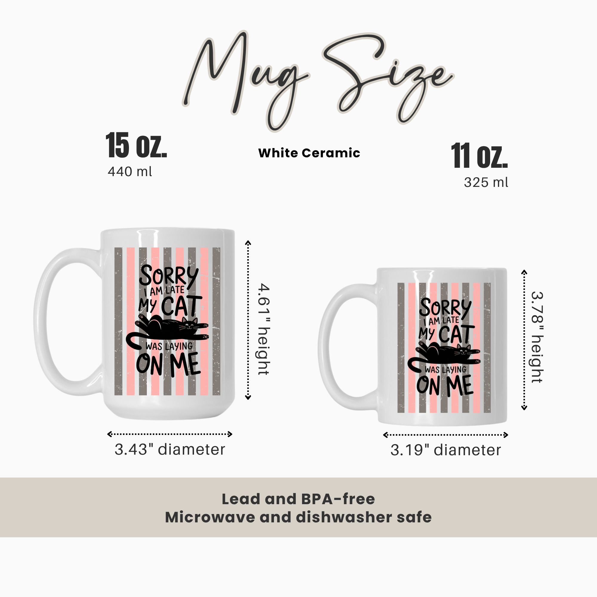 15oz & 11oz mugs with text and measurements on a white background