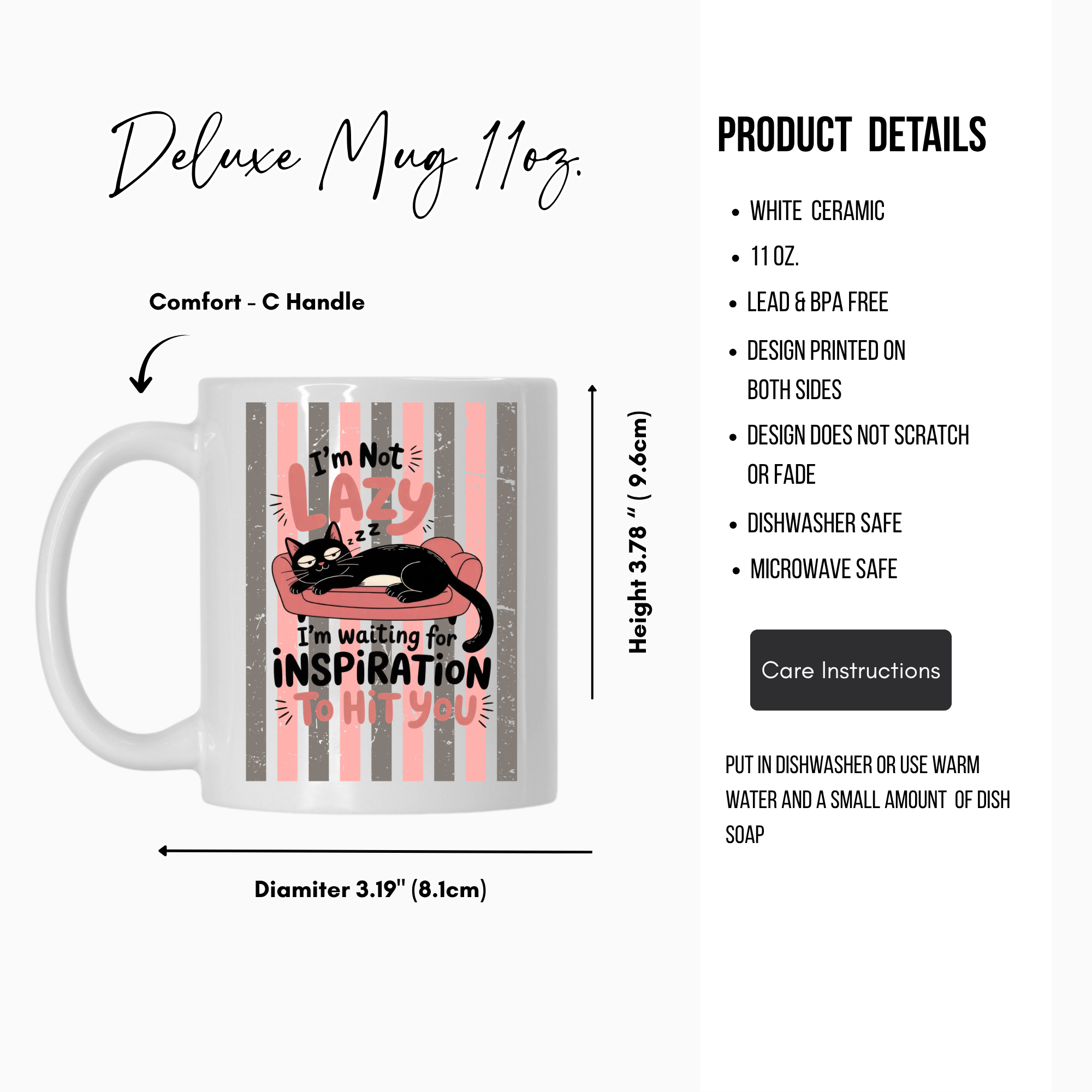 White ceramic mug with a black cat design and text, featuring product details on a white background.