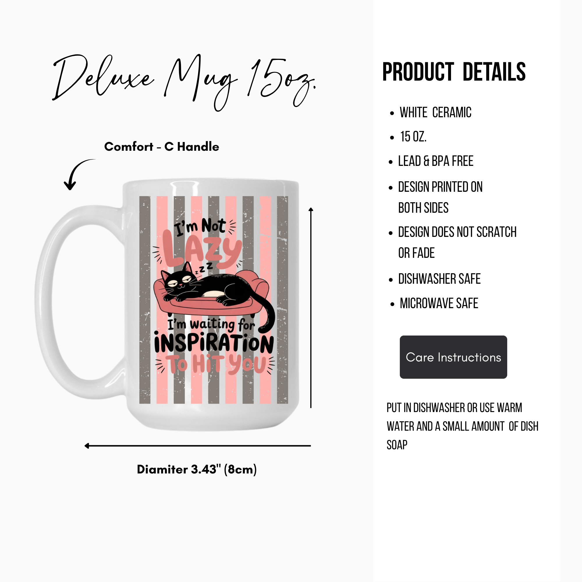 White 15oz ceramic mug with a black cat design and text, featuring product details on a white background.
