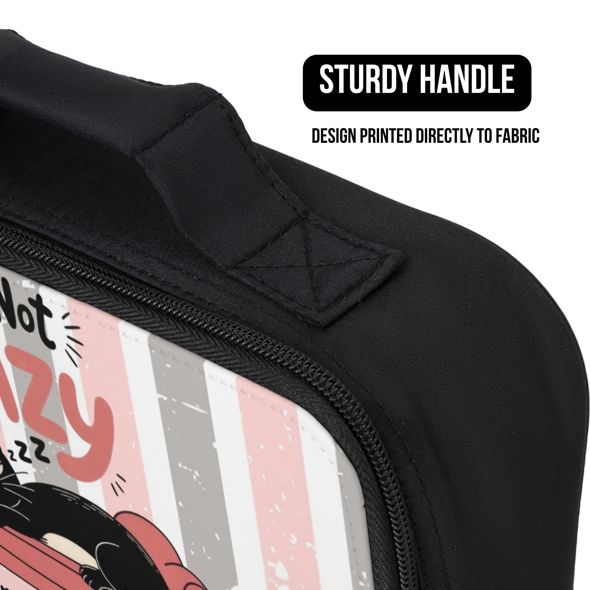 Black lunch bag with a cat design printed directly to fabric and a sturdy handle.