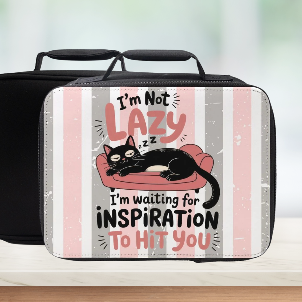 Black lunch bag with a cat graphic and text on a striped background