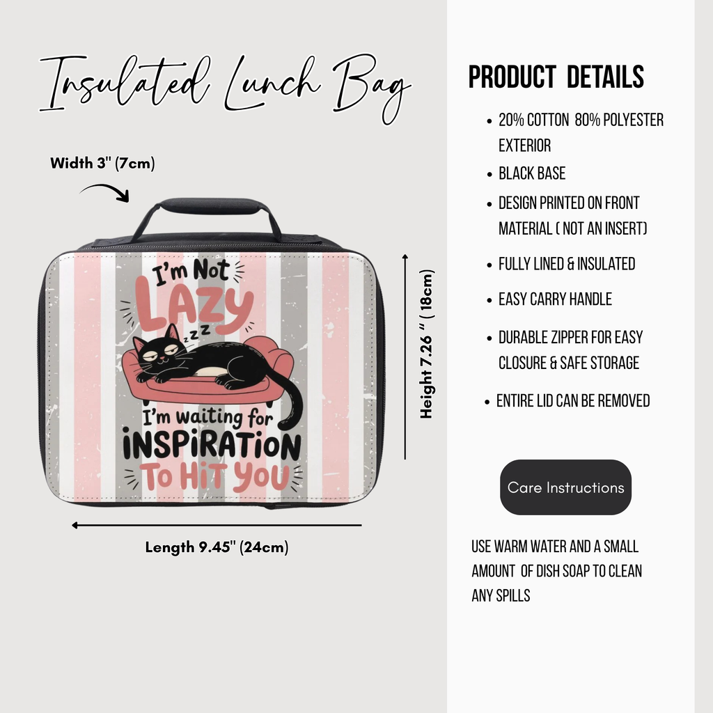 Insulated lunch bag with cat design and product details on a white background