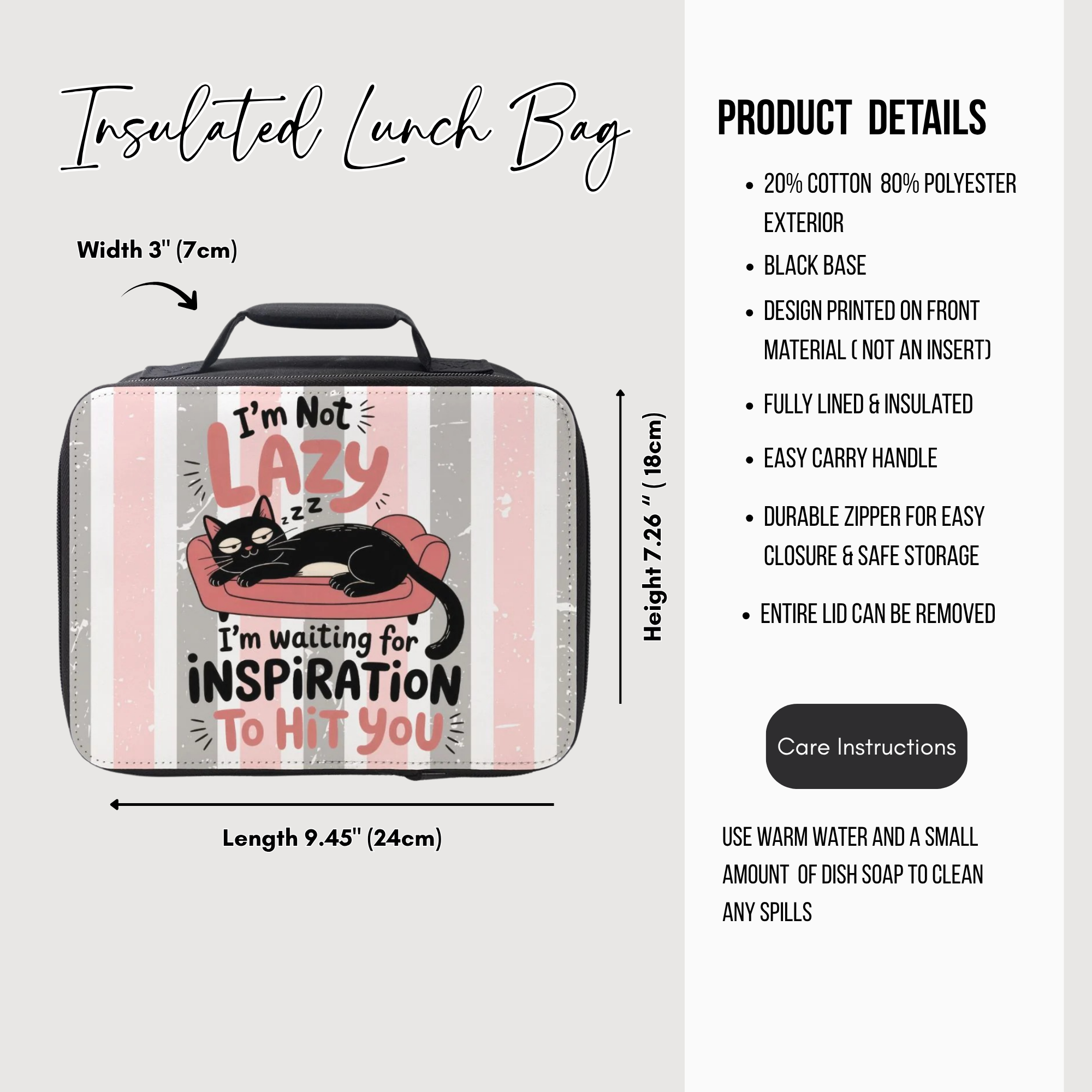 Insulated lunch bag with cat design and product details on a white background