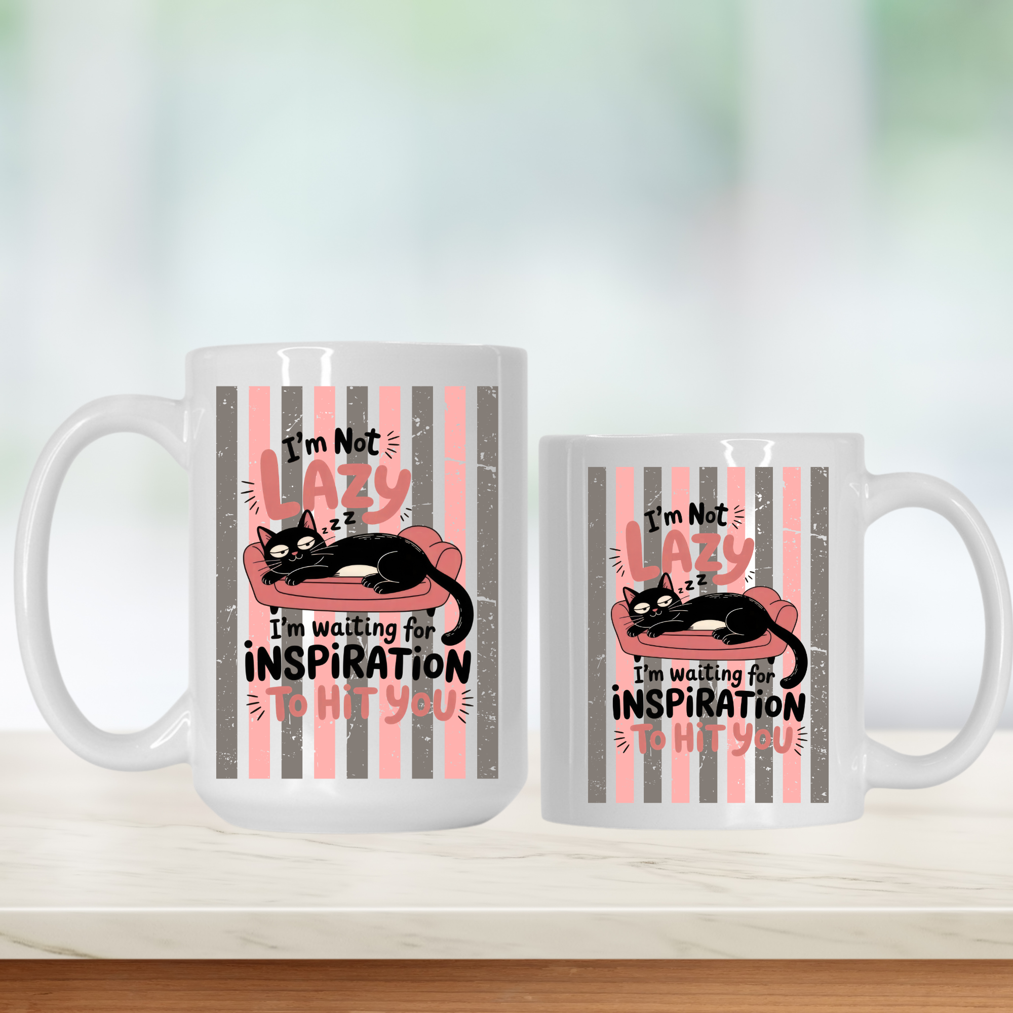 15oz & 11oz mugs with a black cat design and text on a striped background.