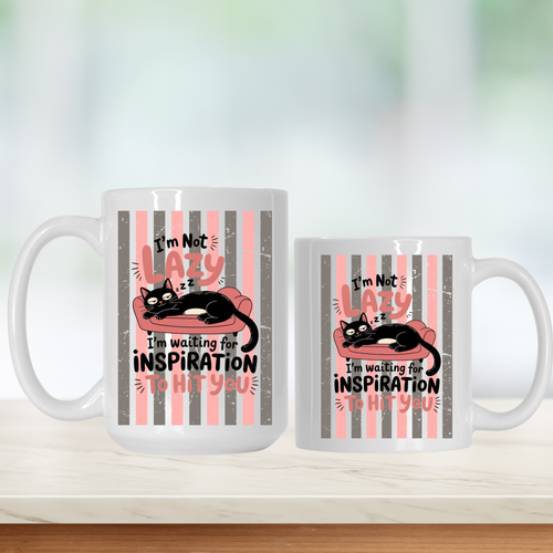 15oz & 11oz mugs with a black cat design and text on a striped background.