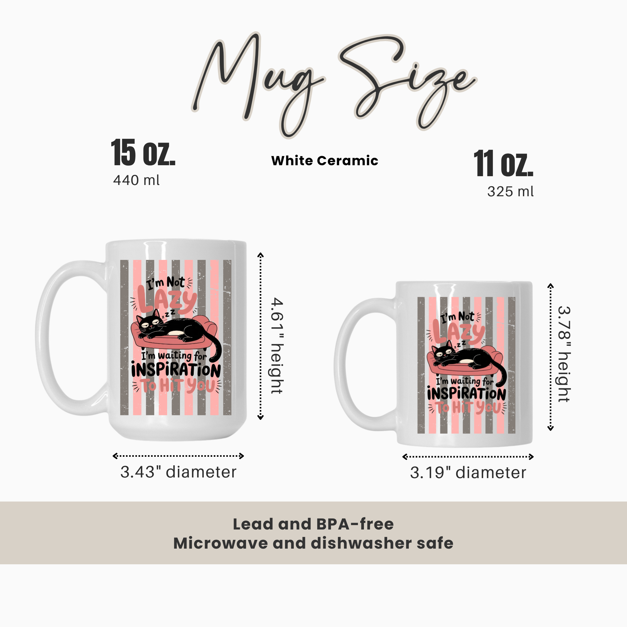 15oz and 11oz mugs with text and measurements on a white background