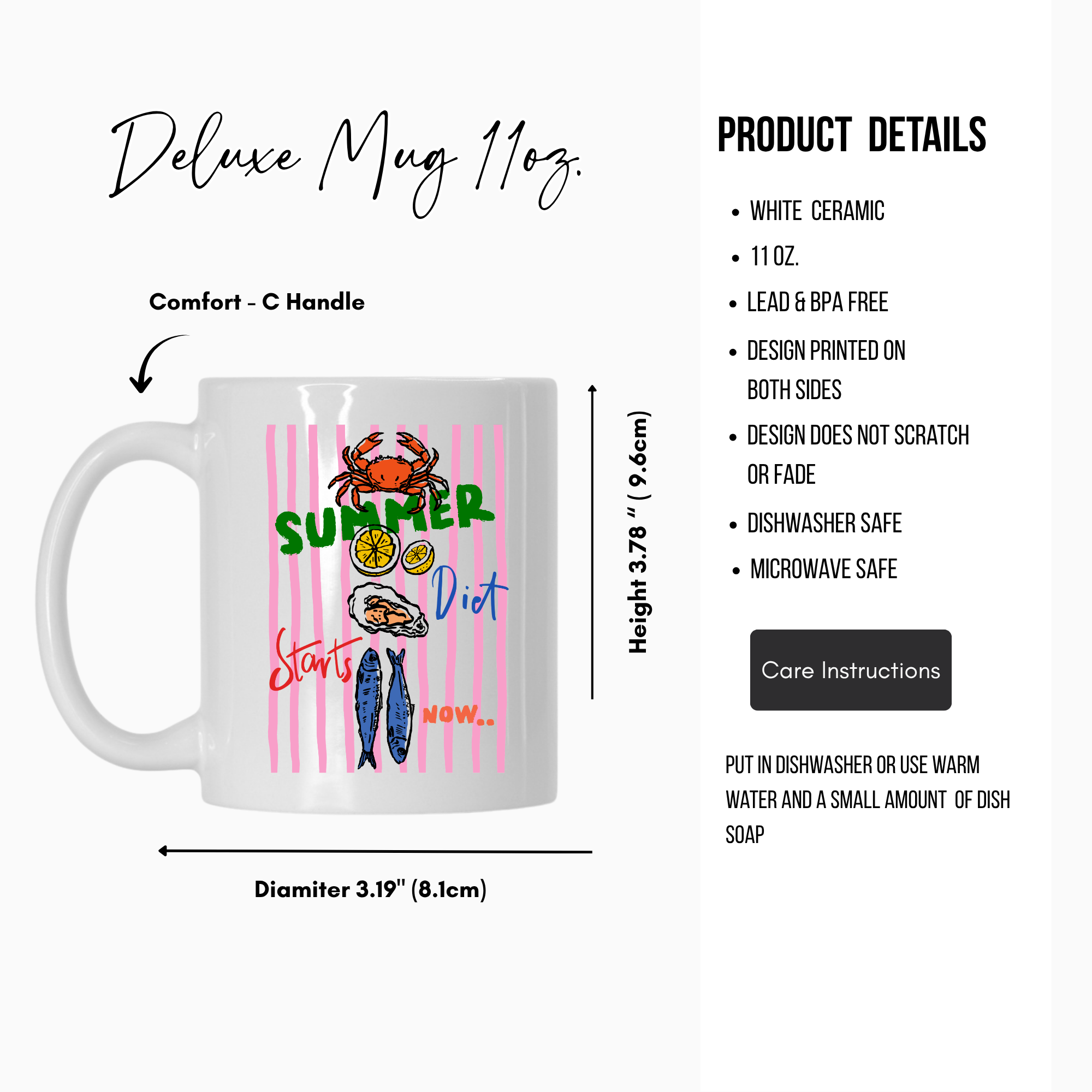 White 11oz. ceramic mug with a colorful design featuring a crab, lemon, and person on a white background.