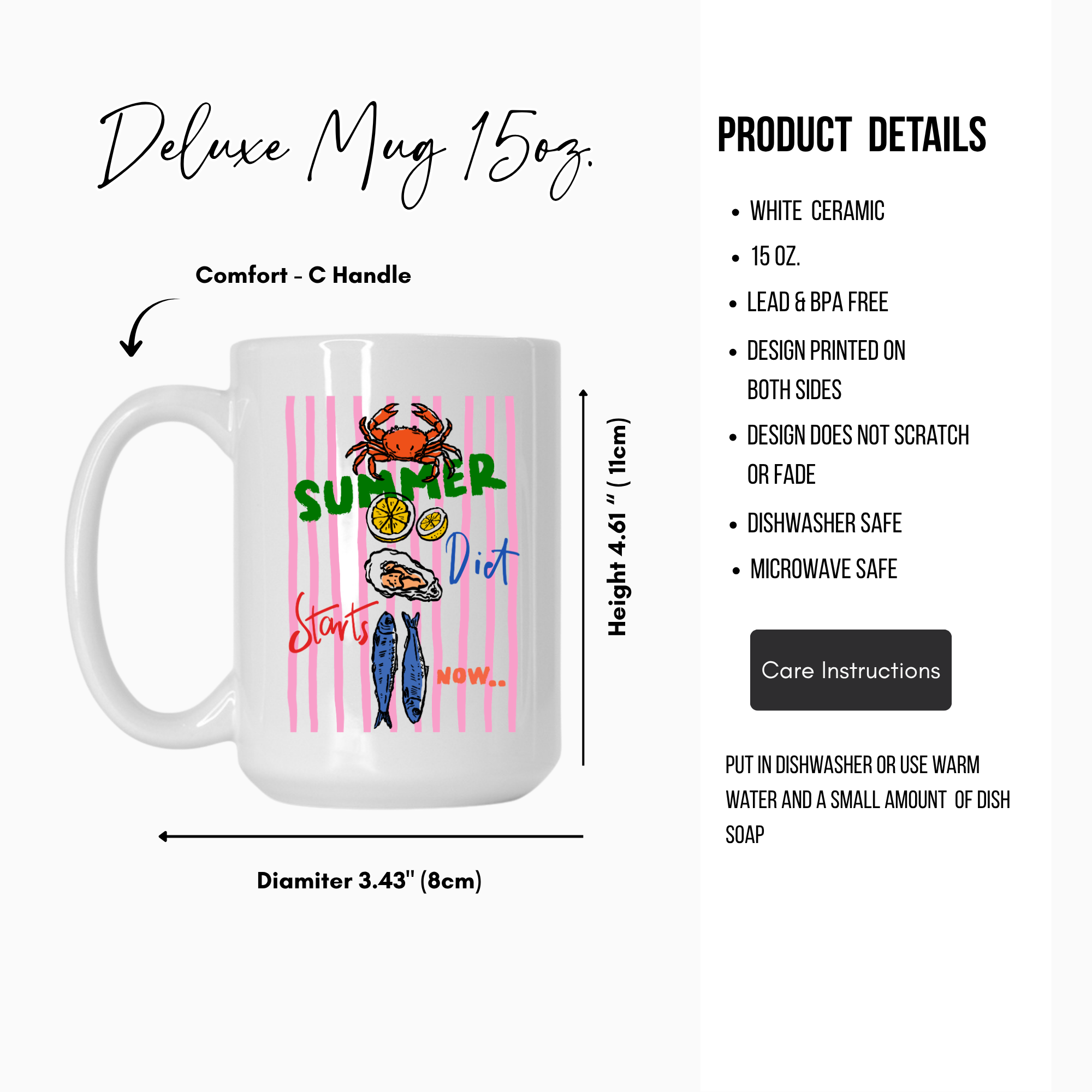White 15oz. ceramic mug with colorful design and product details on a white background