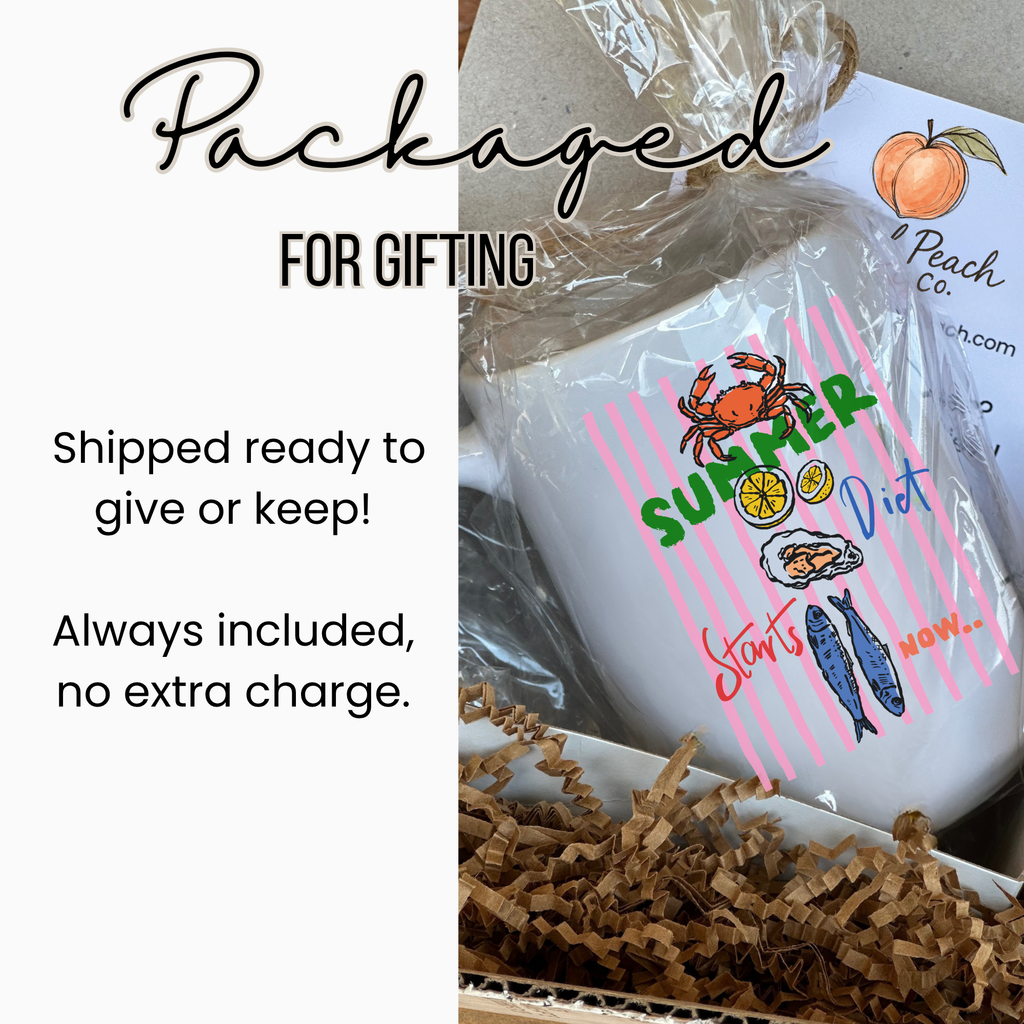 White 15oz. mug with colorful graphics and text, wrapped in clear plastic with brown paper, labeled 'Peach Co'.