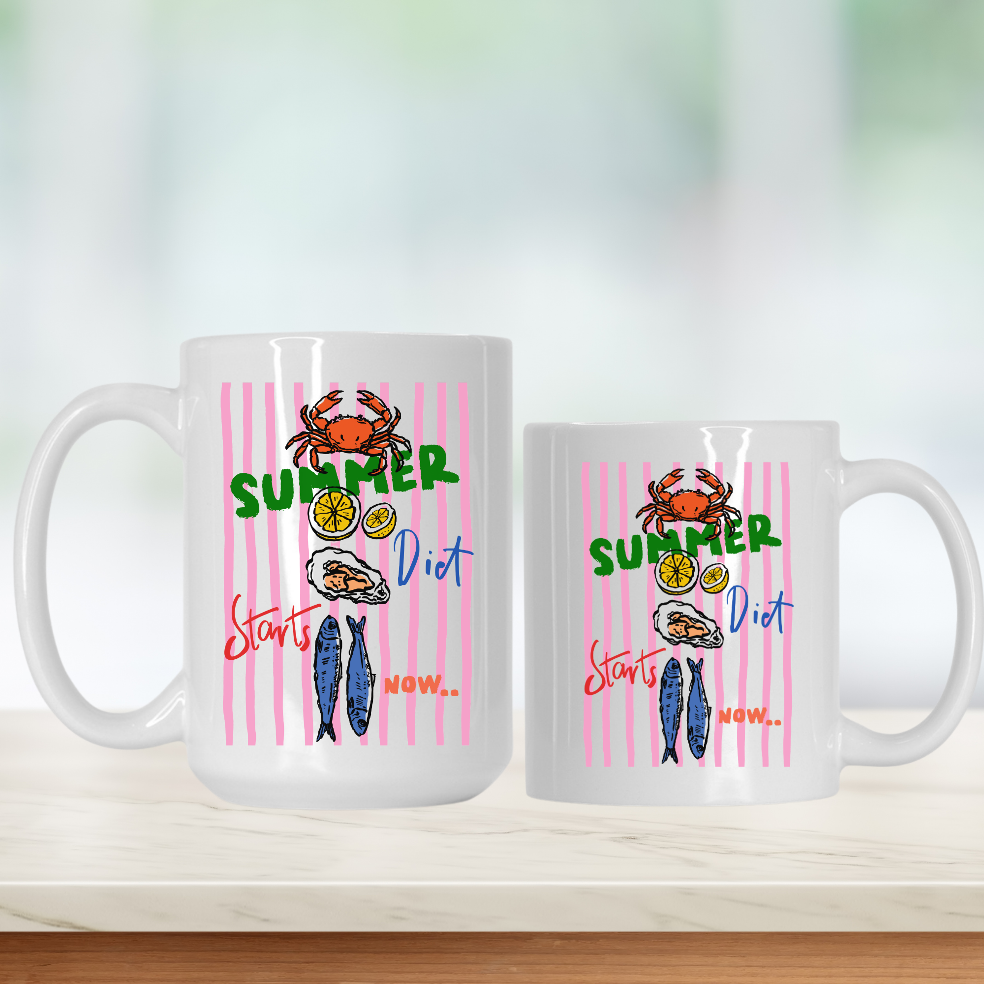 15oz. & 11oz.  mugs with a summer diet design featuring crabs, fish, and fruits on a white background.