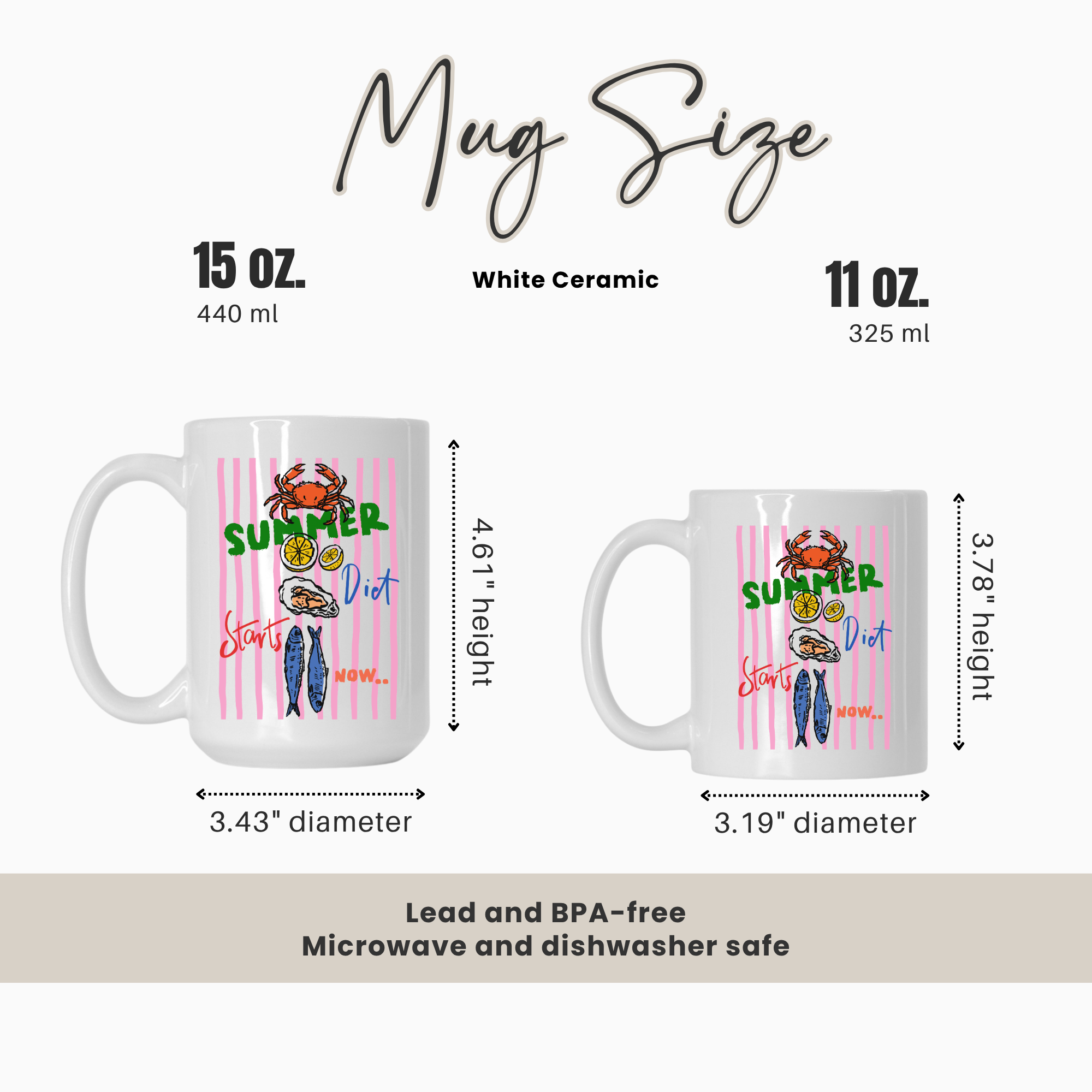 Mug size comparison chart with 15oz. and 11oz. mugs and measurements on a white background.