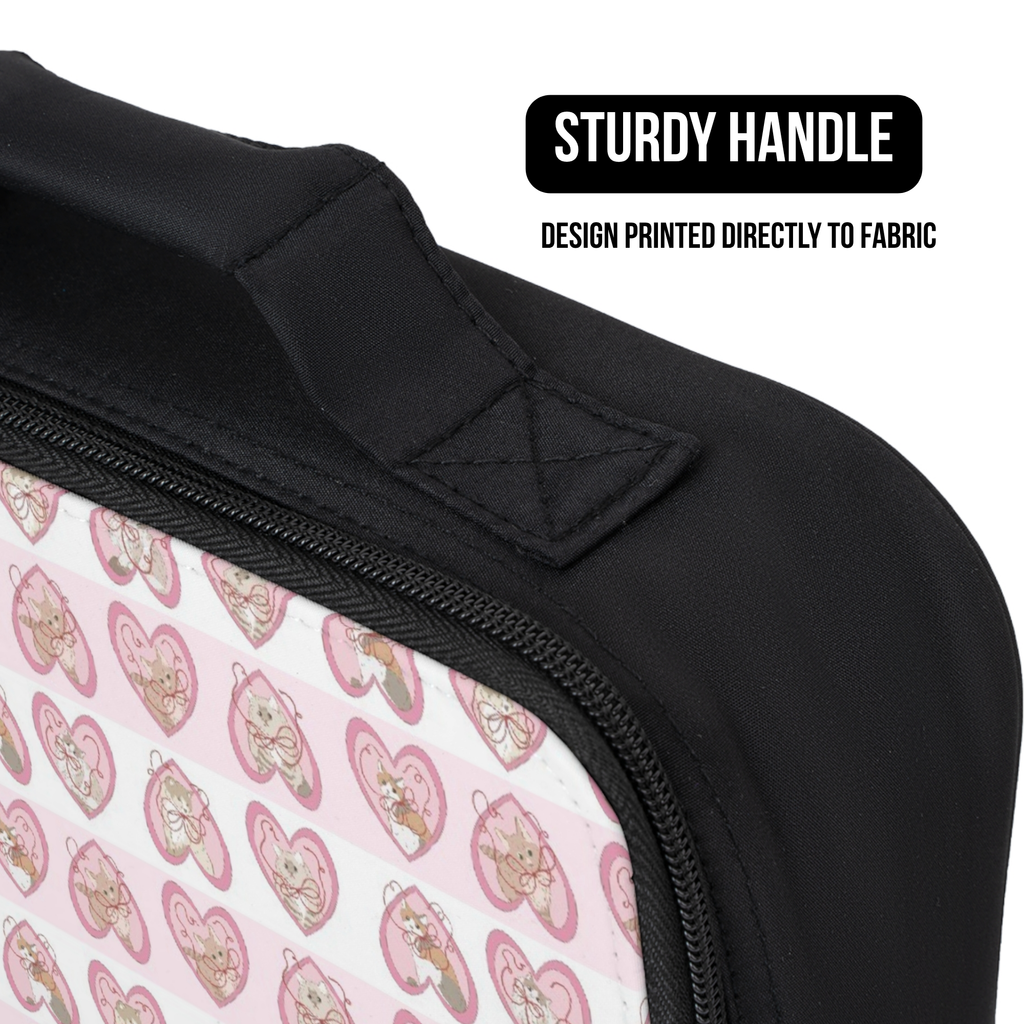 Black lunch bag with hand drawn cats and pink hearts patterned design and 'Sturdy Handle' text on a white background