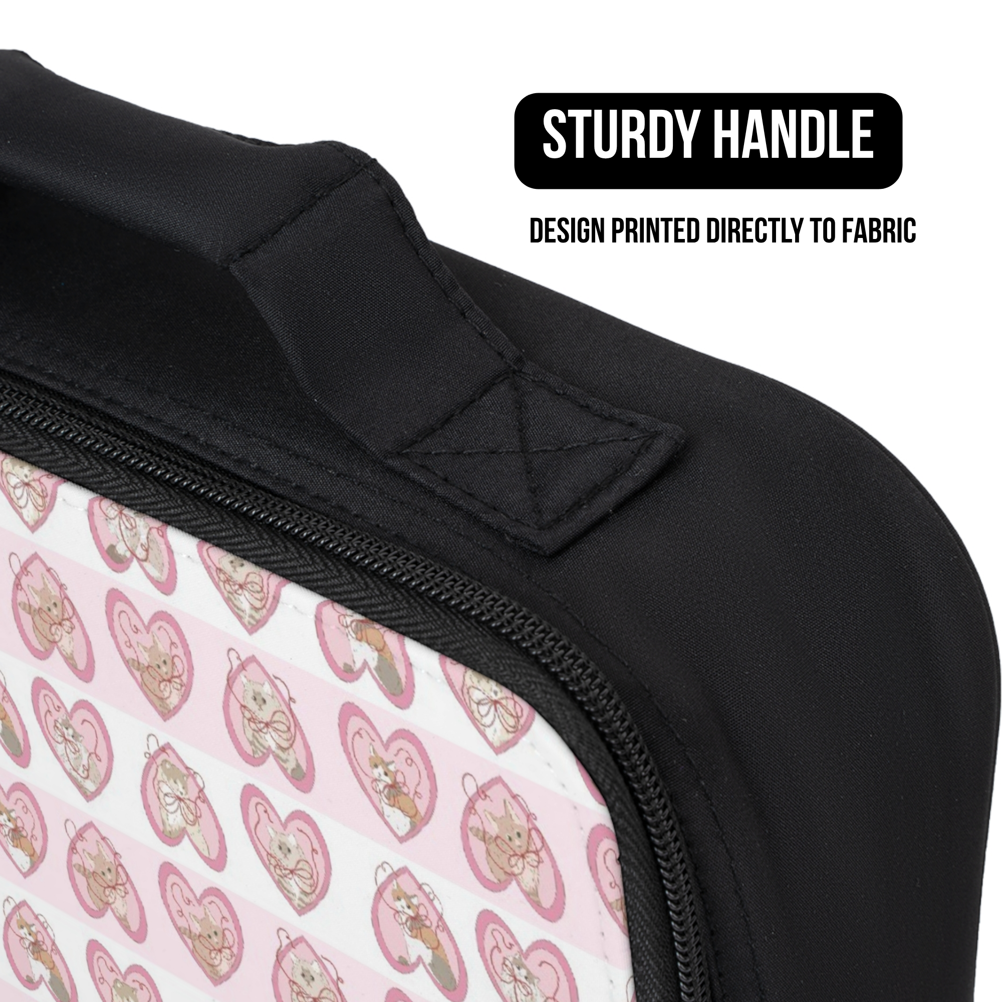 Black lunch bag with hand drawn cats and pink hearts patterned design and 'Sturdy Handle' text on a white background