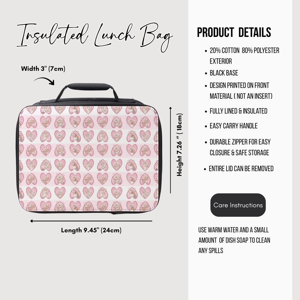 Insulated lunch bag with hand drawn cats in pink hearts pattern and product details on a white background