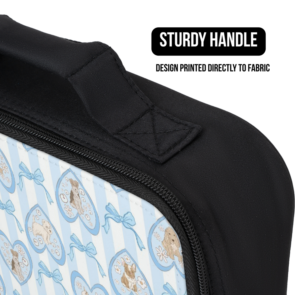Black lunch bag with a colorful hand drawn dog pattern and a sturdy handle, featuring text about design printing.