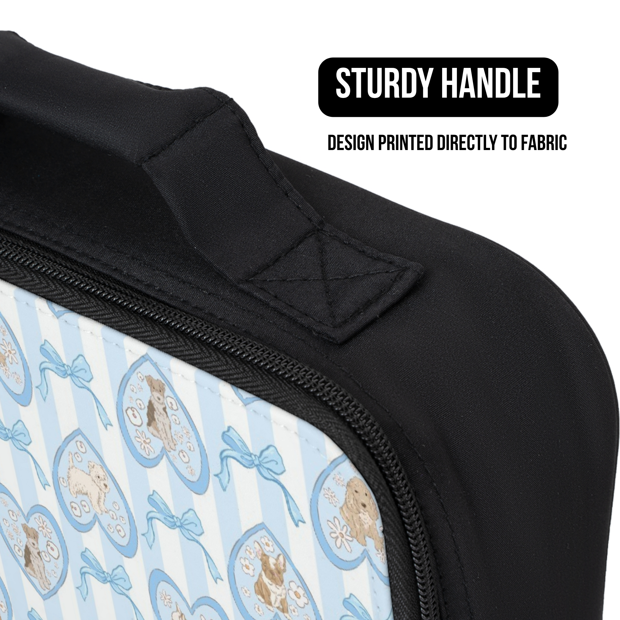 Black lunch bag with a colorful hand drawn dog pattern and a sturdy handle, featuring text about design printing.