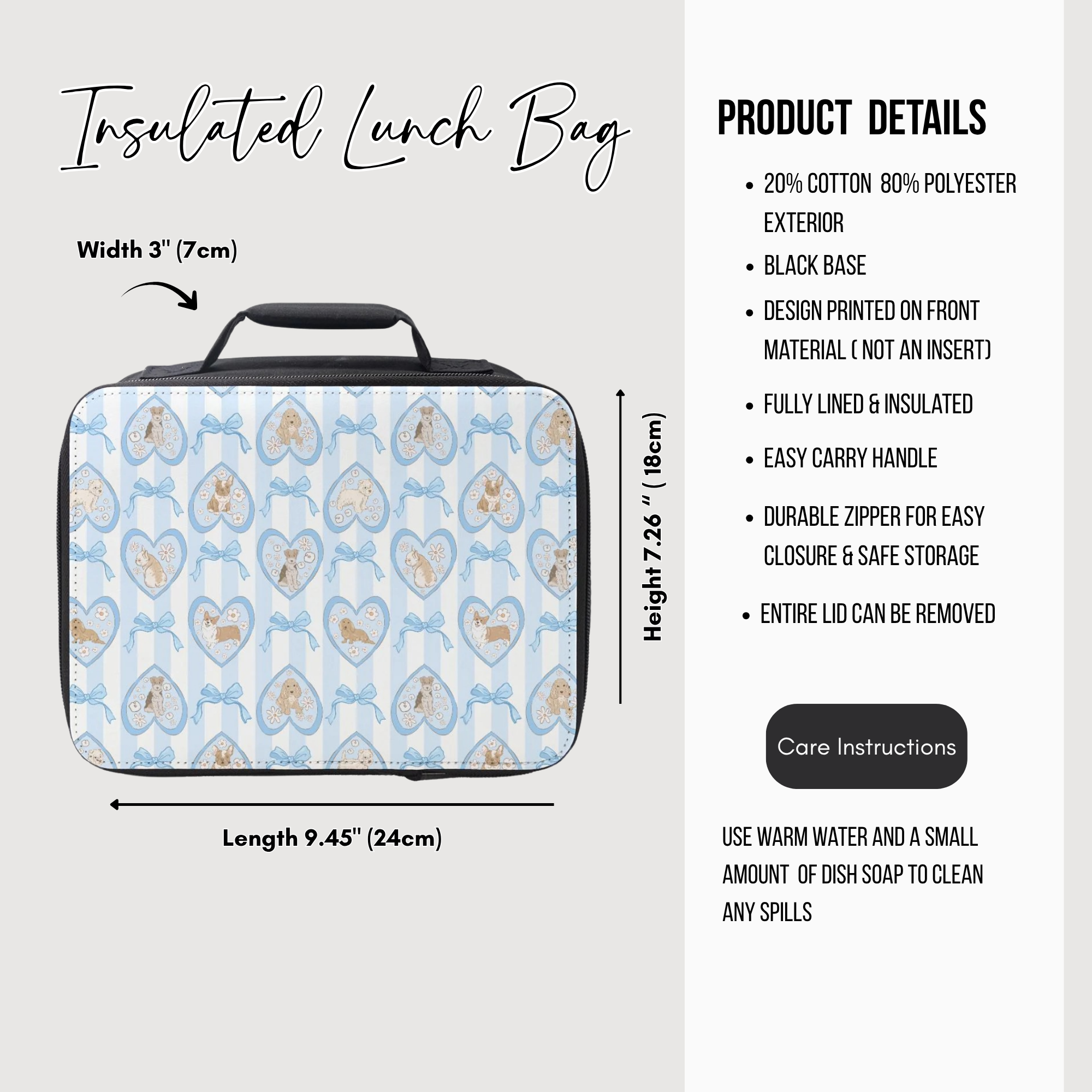 Insulated lunch bag with hand drawn heart and dog pattern, featuring product details on a white background.