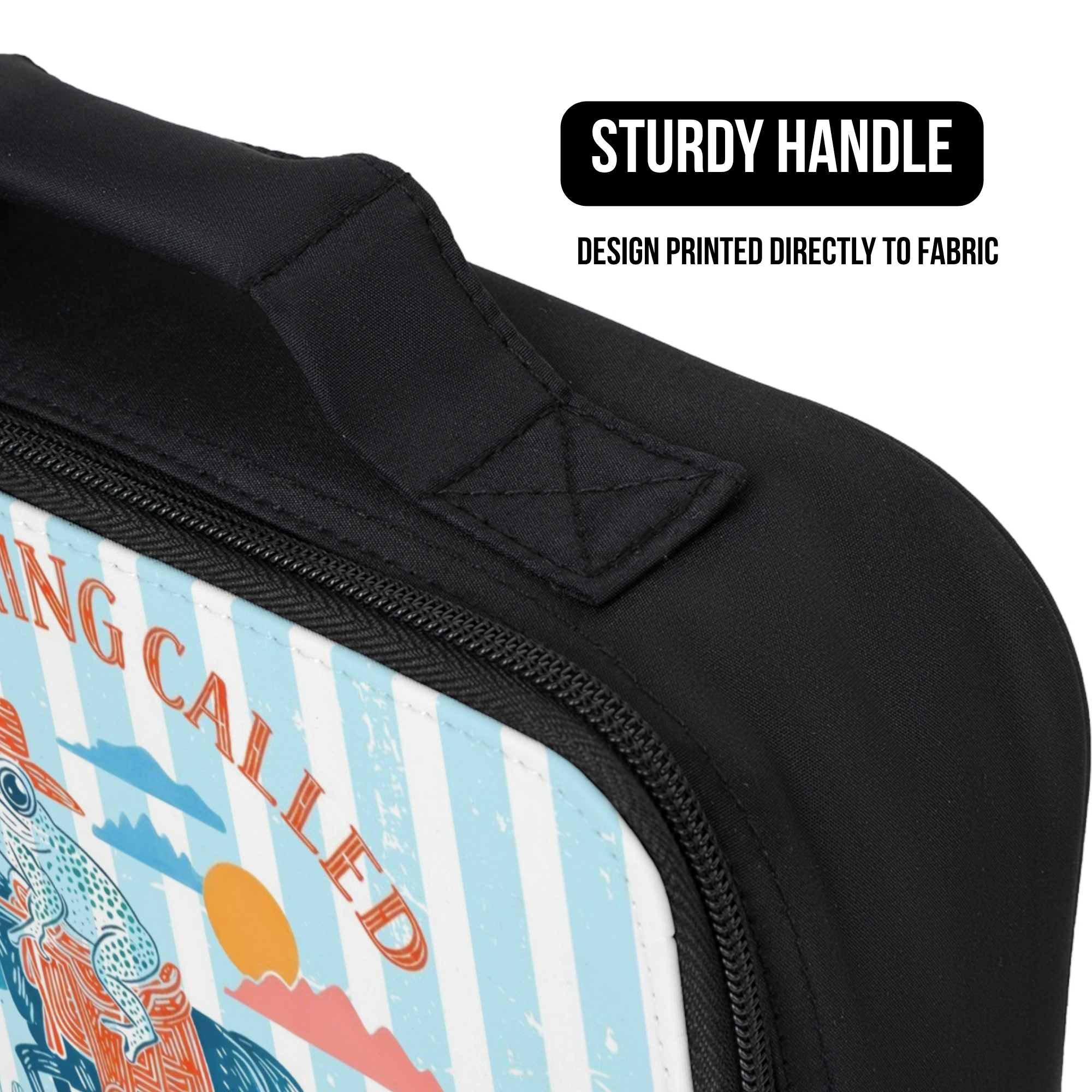 Black lunch bag with a colorful striped design printed directly to fabric, featuring a sturdy handle.