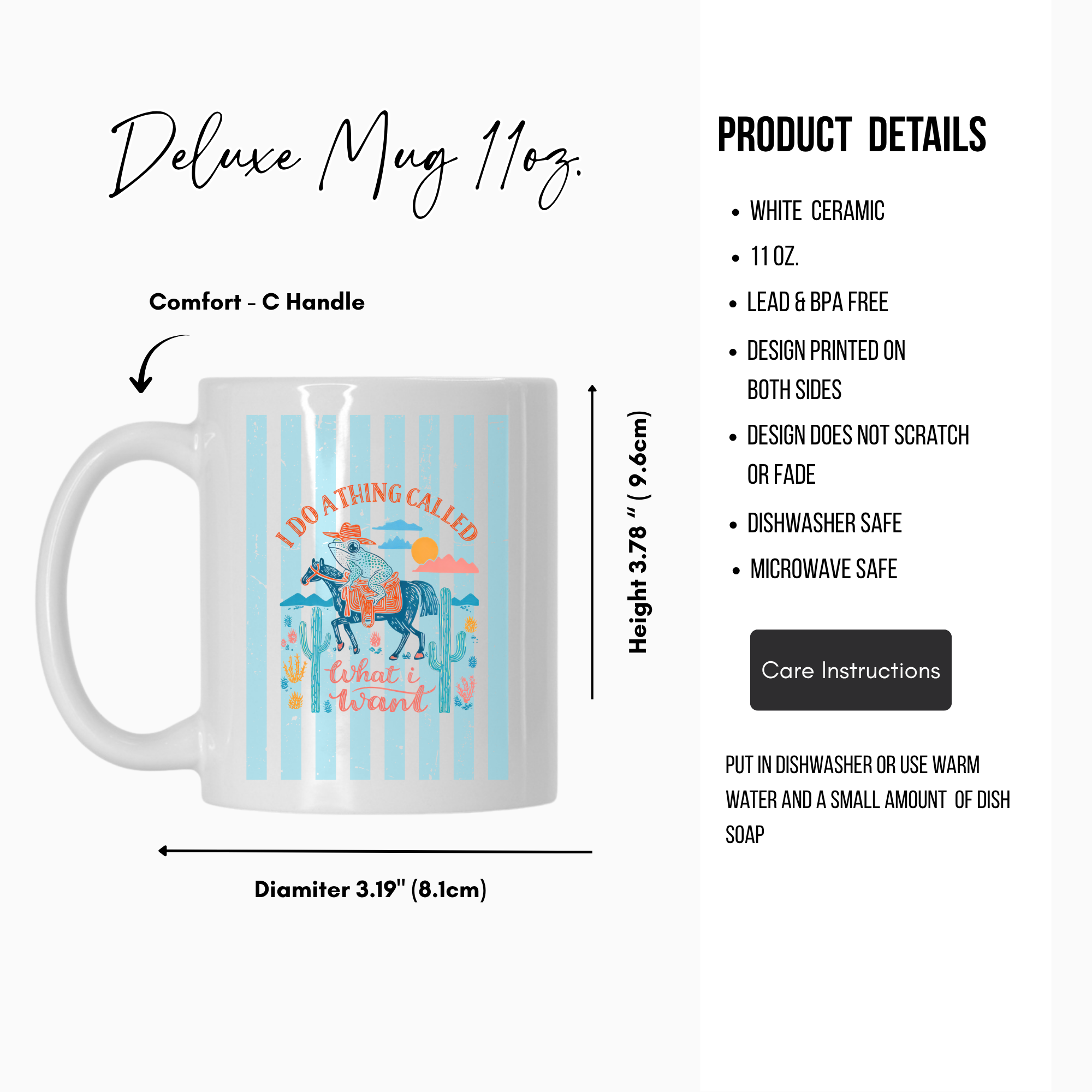 White 11oz. ceramic mug with colorful cowboy frog design and text, featuring product details on a white background.