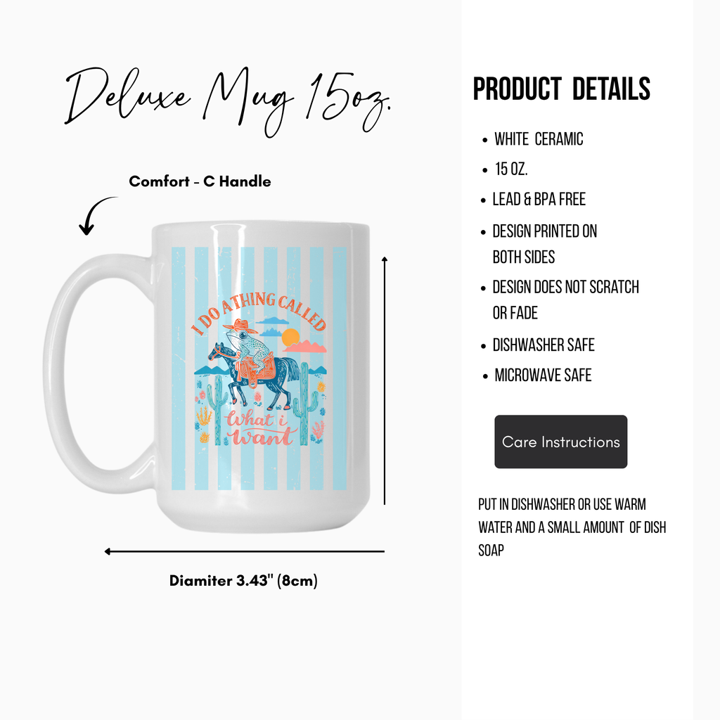 White 15oz. ceramic mug with colorful striped design and text, featuring product details on a white background.