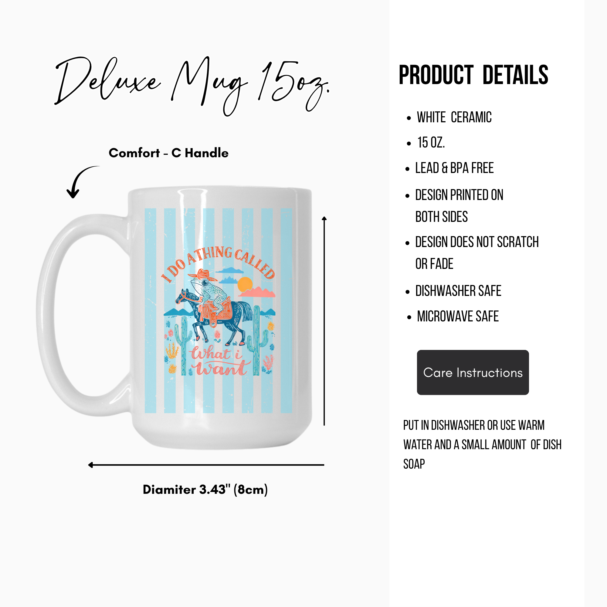 White 15oz. ceramic mug with colorful striped design and text, featuring product details on a white background.