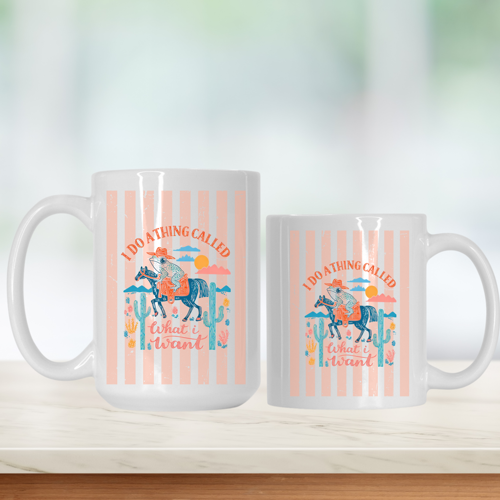 Two mugs with a horse and desert design on a white background