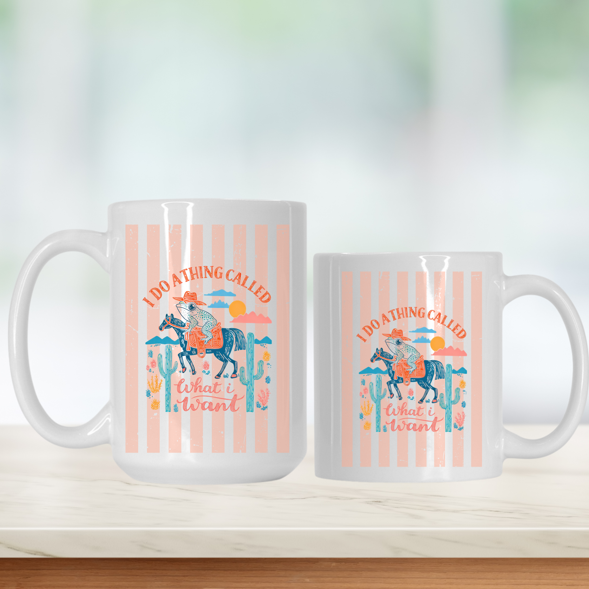 Two mugs with a horse and desert design on a white background