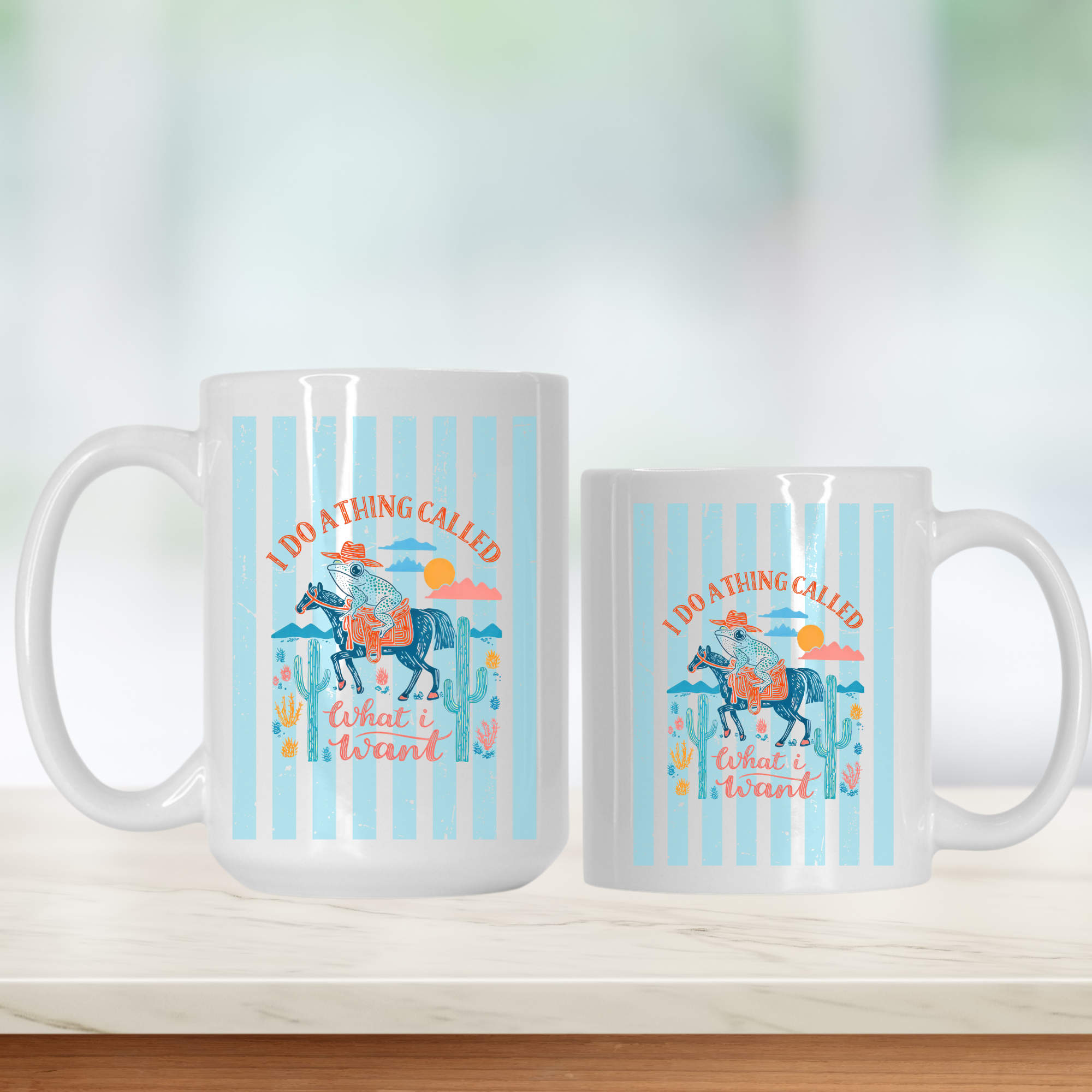 15oz. and 11oz. mugs with a design of a cowboy frog riding a horse and text on a striped background.