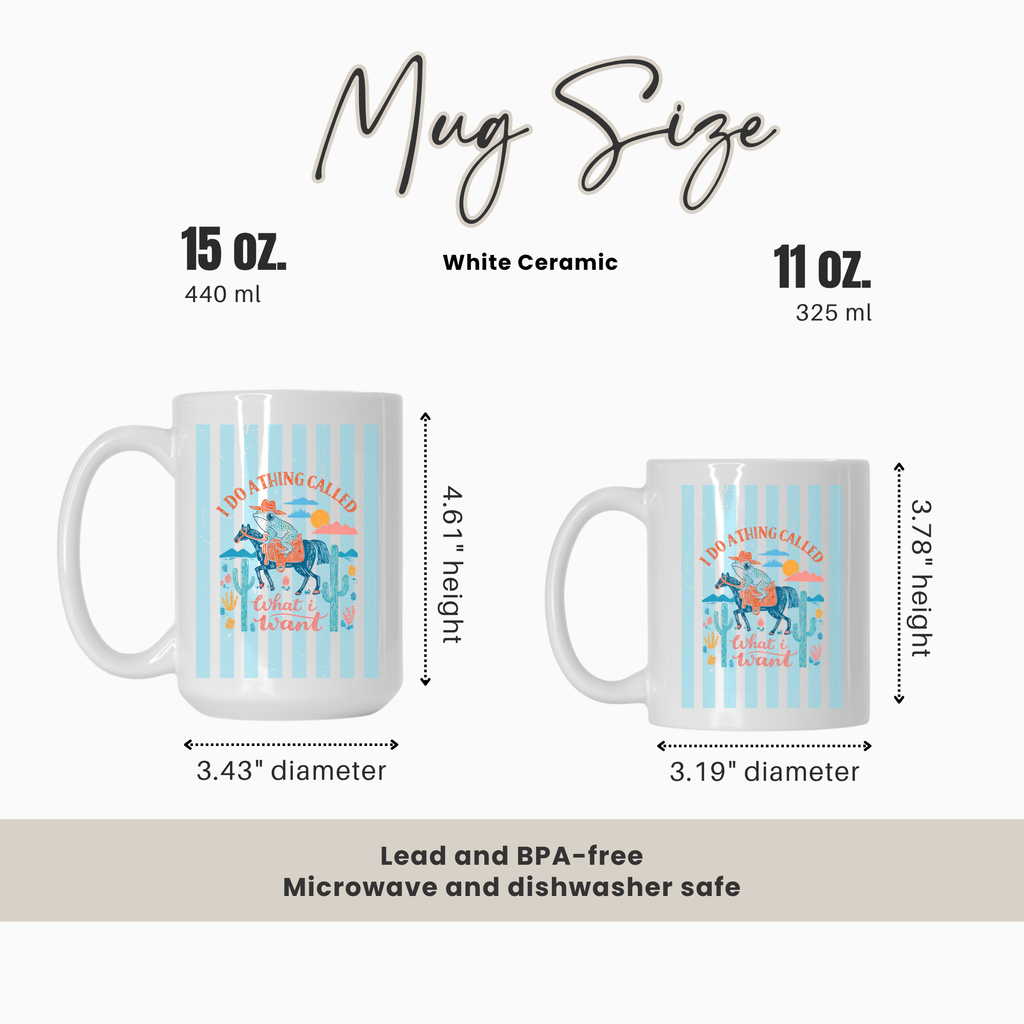 Mug size comparison chart with a 15oz & 11oz. mugs and measurements on a white background 