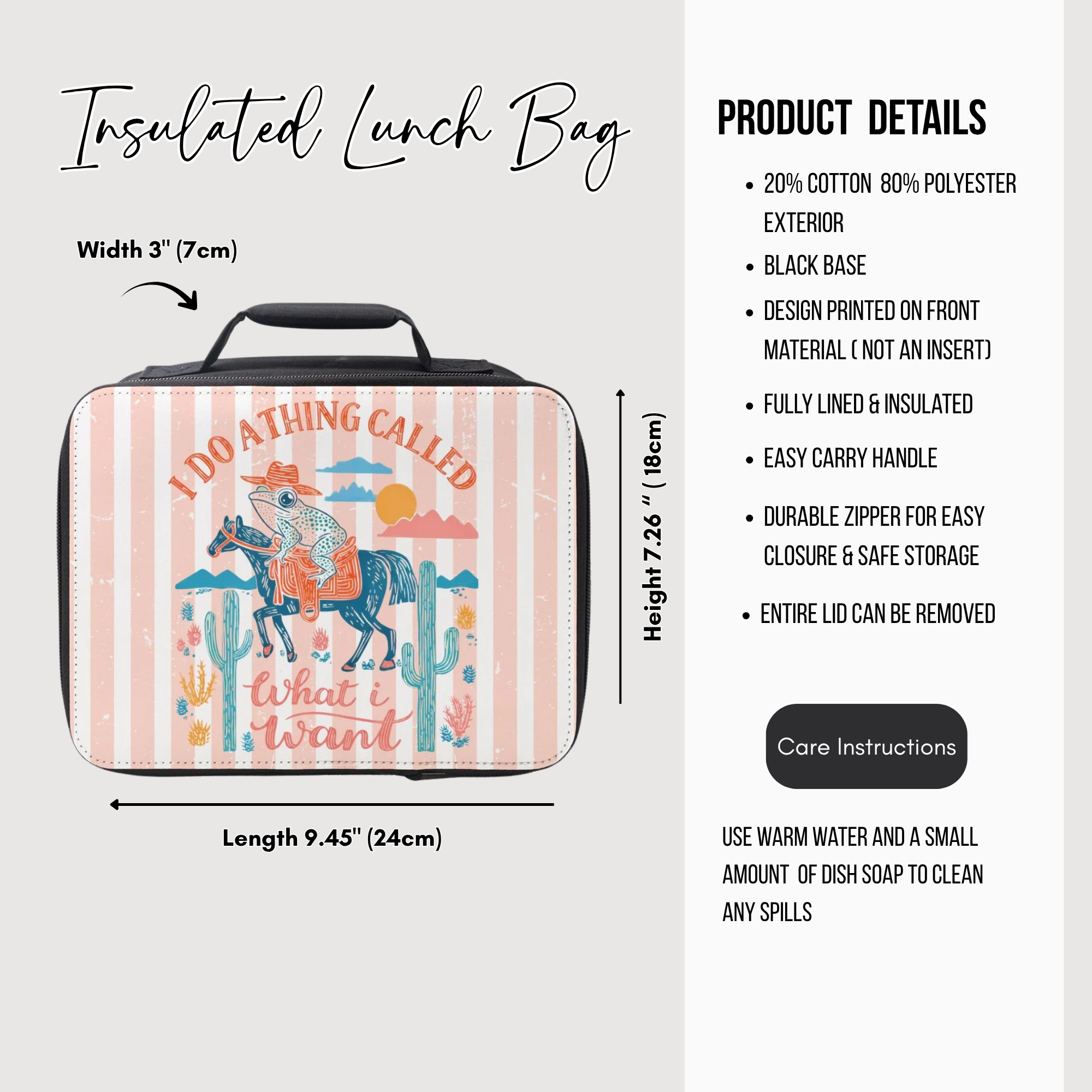 Insulated lunch bag with a striped design and product details on a white background