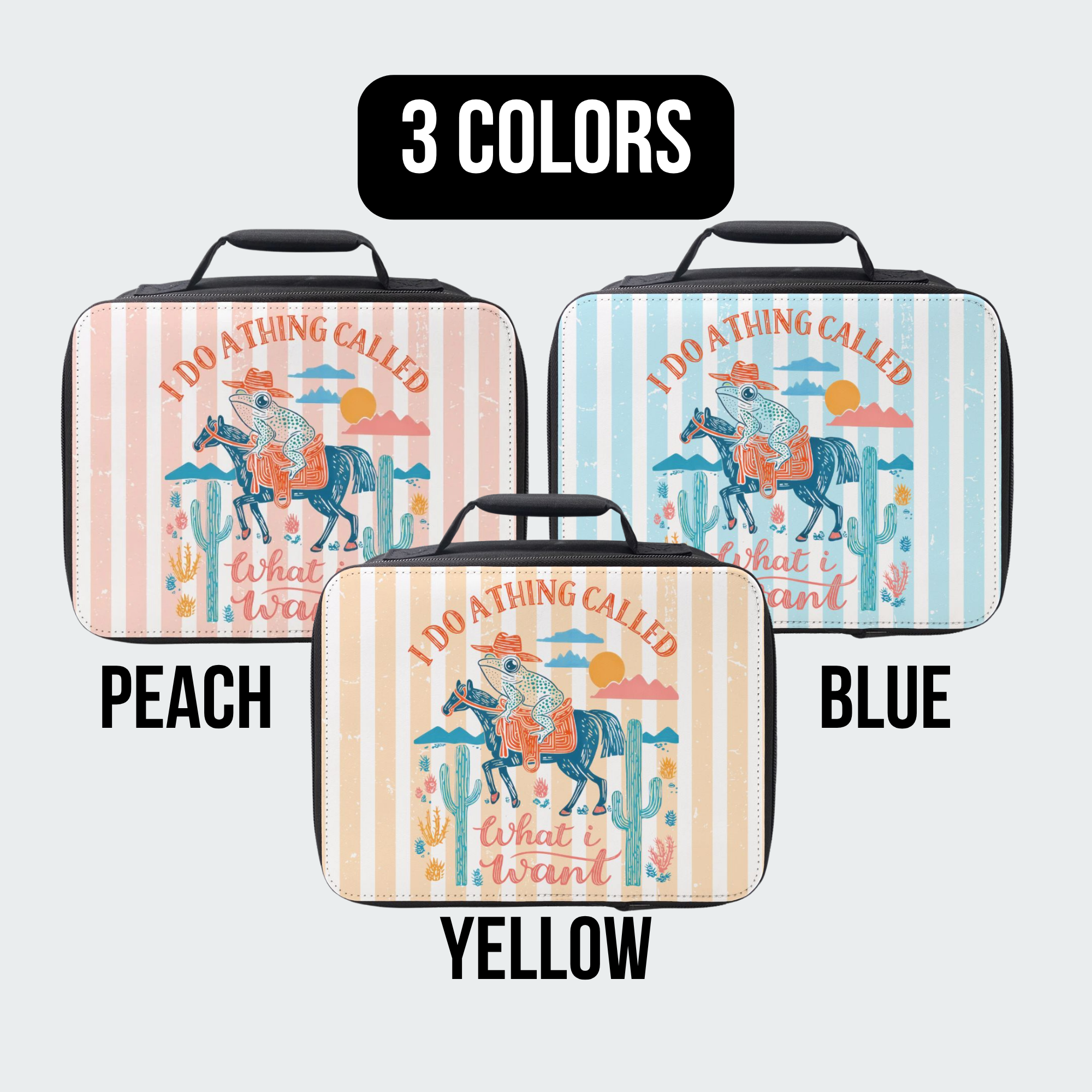Three lunch bags with horse and cactus design, labeled 'Peach', 'Yellow', and 'Blue'.