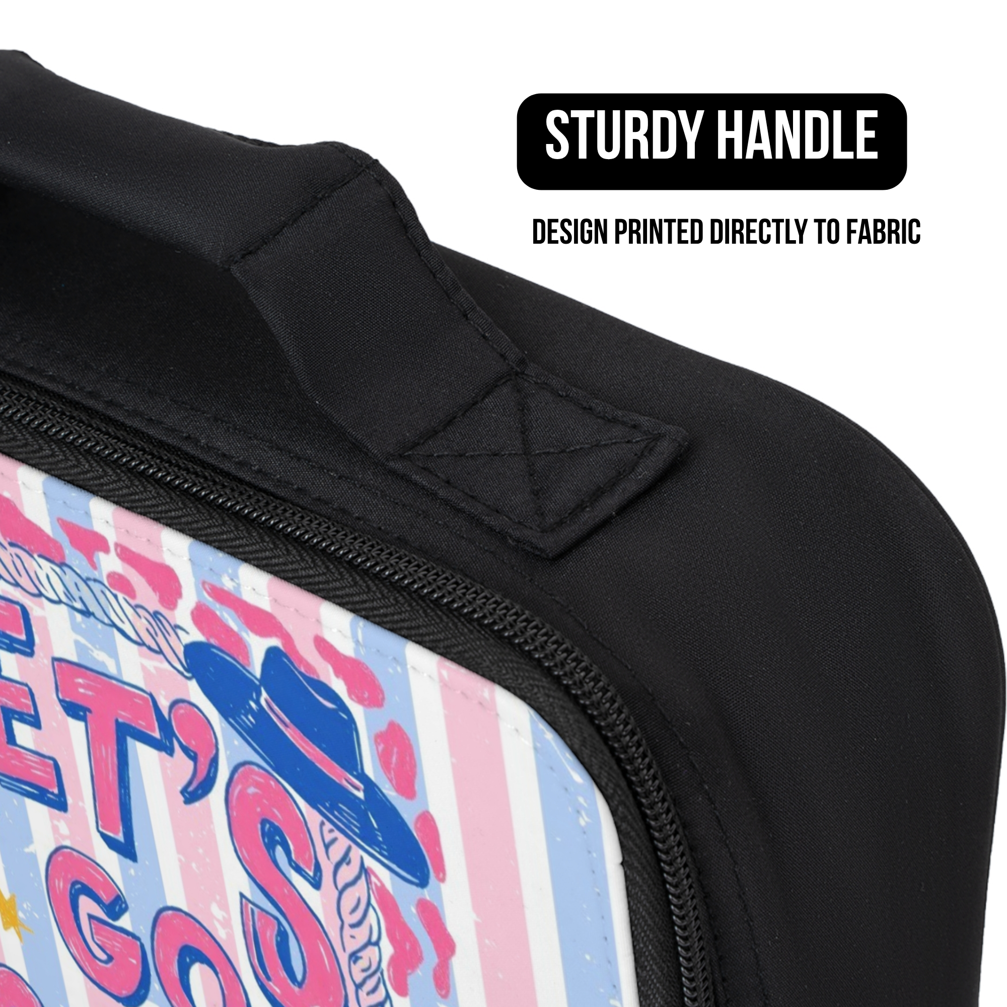 Black lunch bag with colorful striped design and 'Sturdy Handle' text on a white background