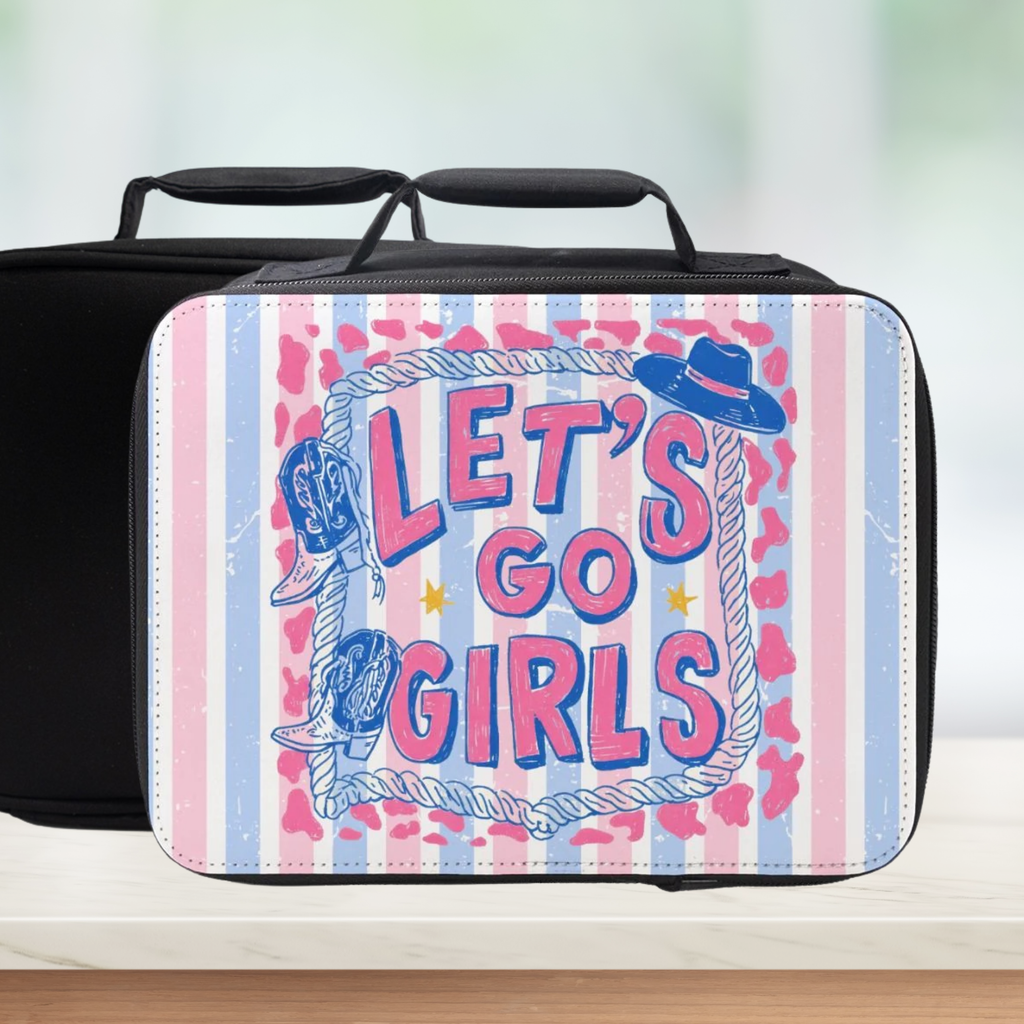 Black lunch box with 'Let's Go Girls' design featuring cowboy hats and a rope on a pink and blue striped background.