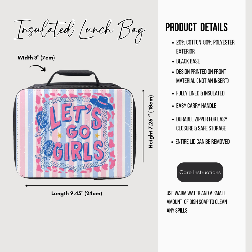 Insulated lunch bag with 'Let's Go Girls' design and product details on the side.