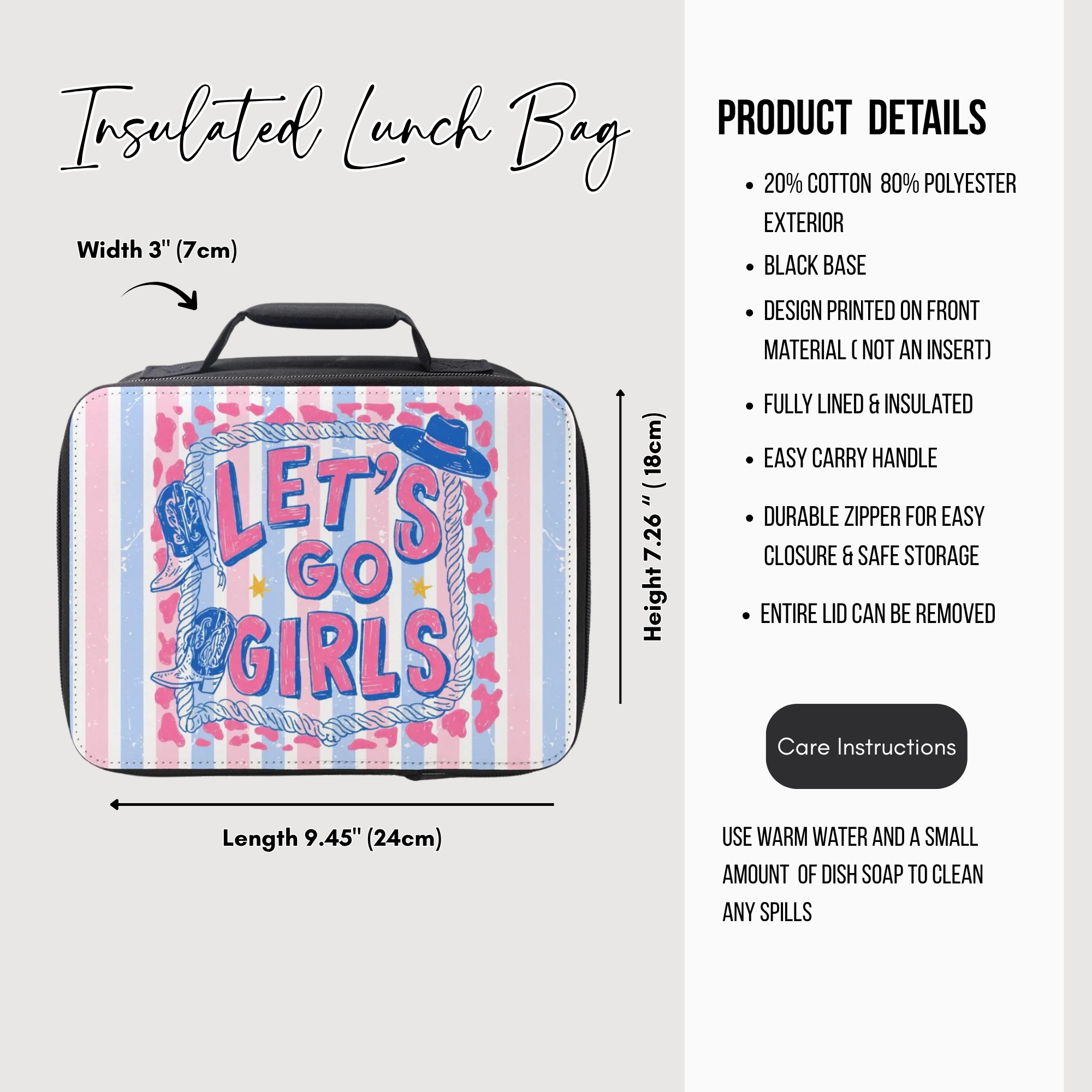 Insulated lunch bag with 'Let's Go Girls' design and product details on the side.