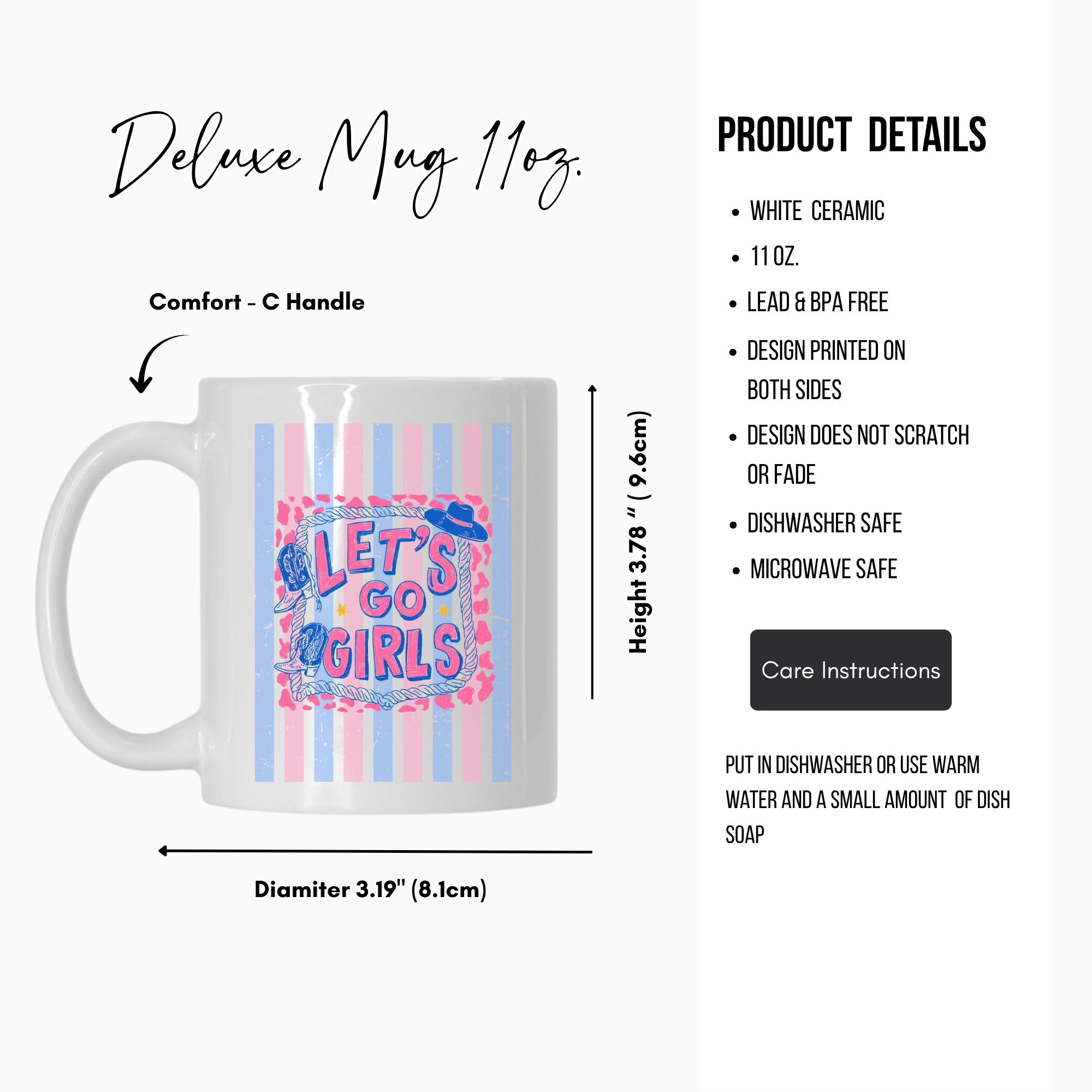 White 11oz. ceramic mug with colorful pink and blue striped design and text, featuring product details on a white background.