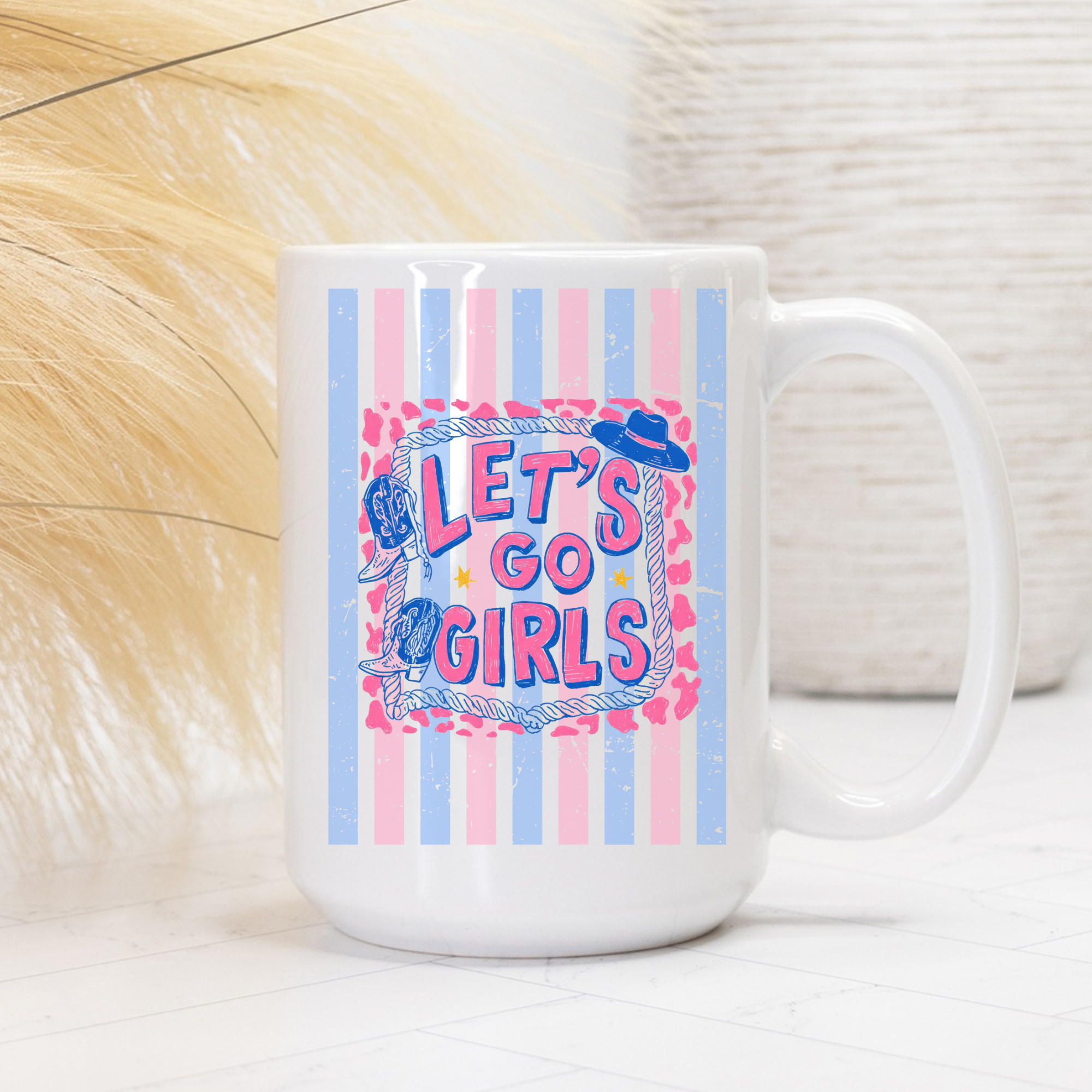 White 15oz. mug with 'Let's Go Girls' design on a white background