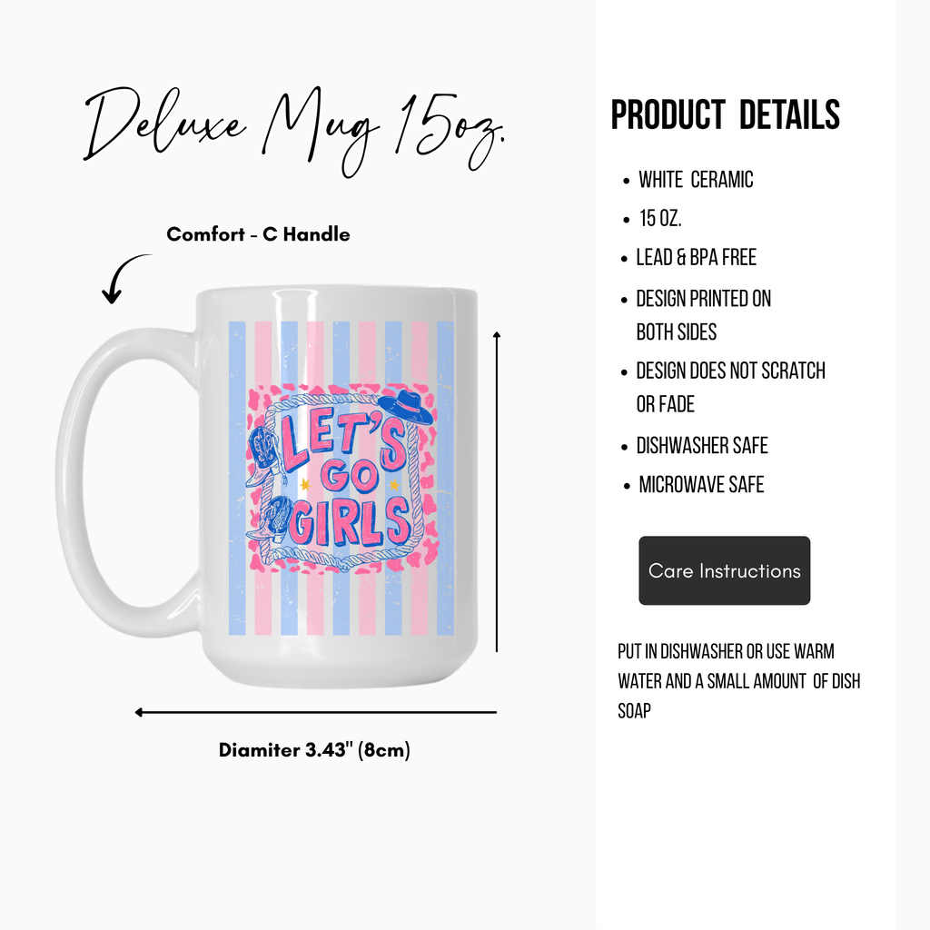 White 11oz. ceramic mug with colorful design and text 'Let's Go Girls' on a white background with product details.
