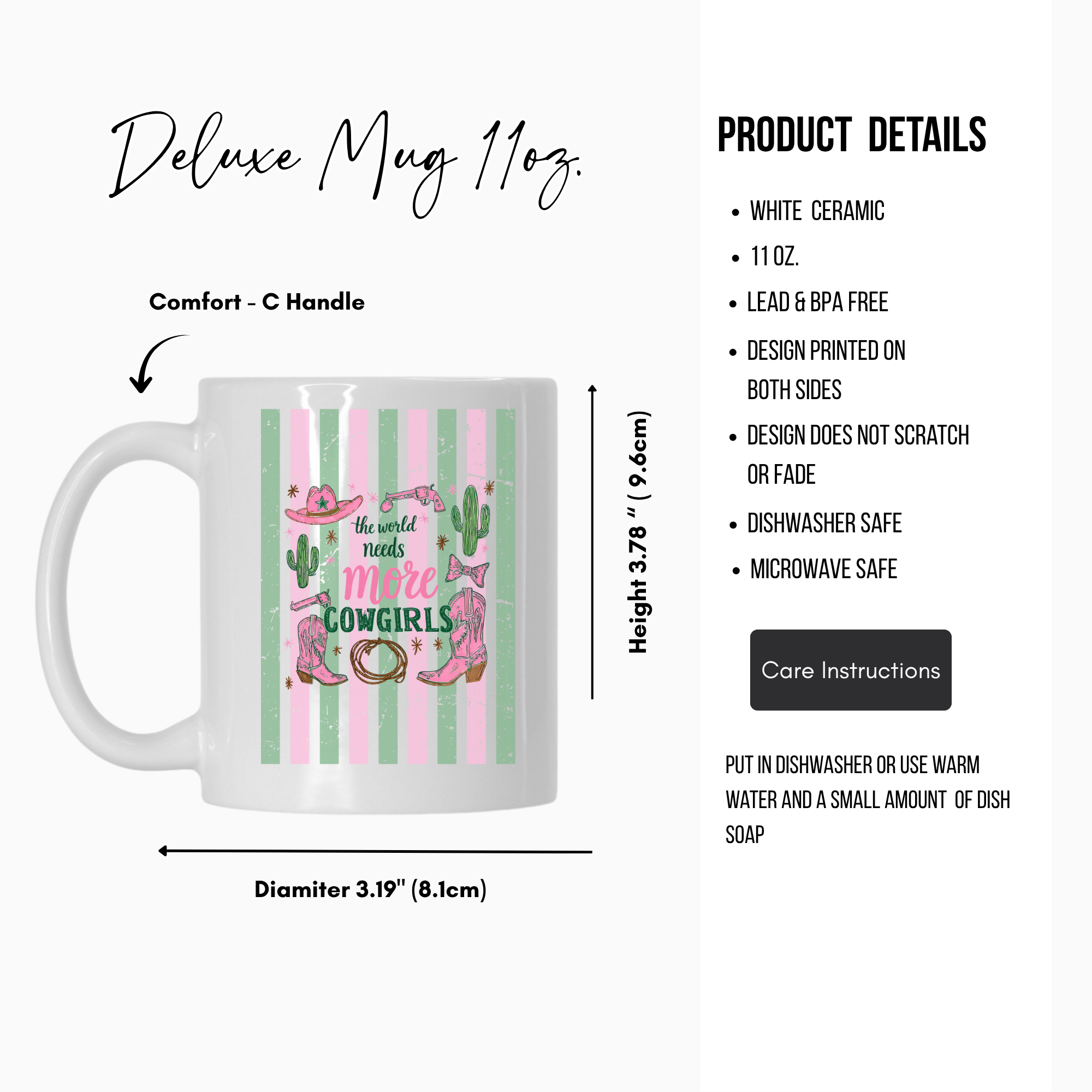 White 11oz ceramic mug with pink cowgirl striped design and text, featuring product details on a white background.