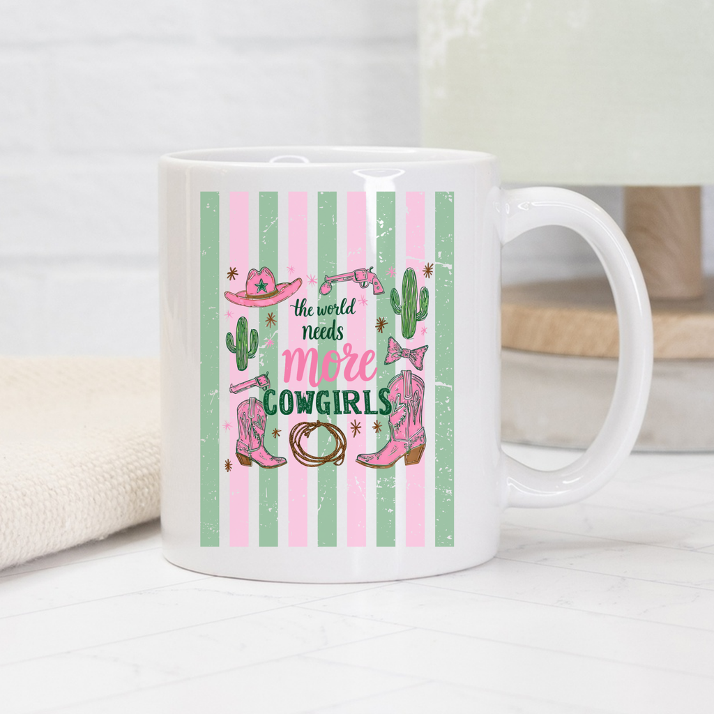 11oz Mug with cowgirl-themed design and text on a white surface