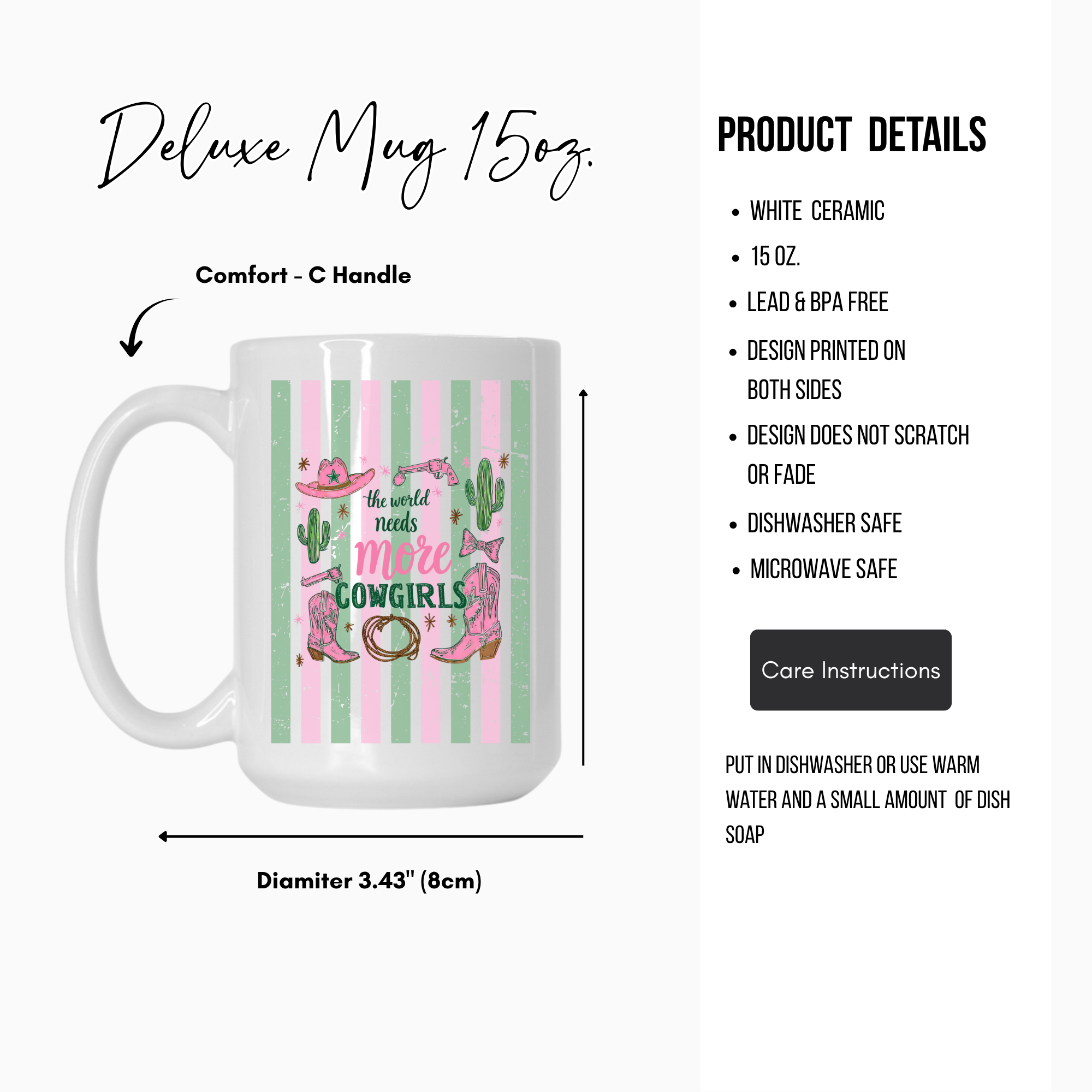 White 15oz ceramic mug with pink and green design featuring cowboy boots and cacti on a white background.
