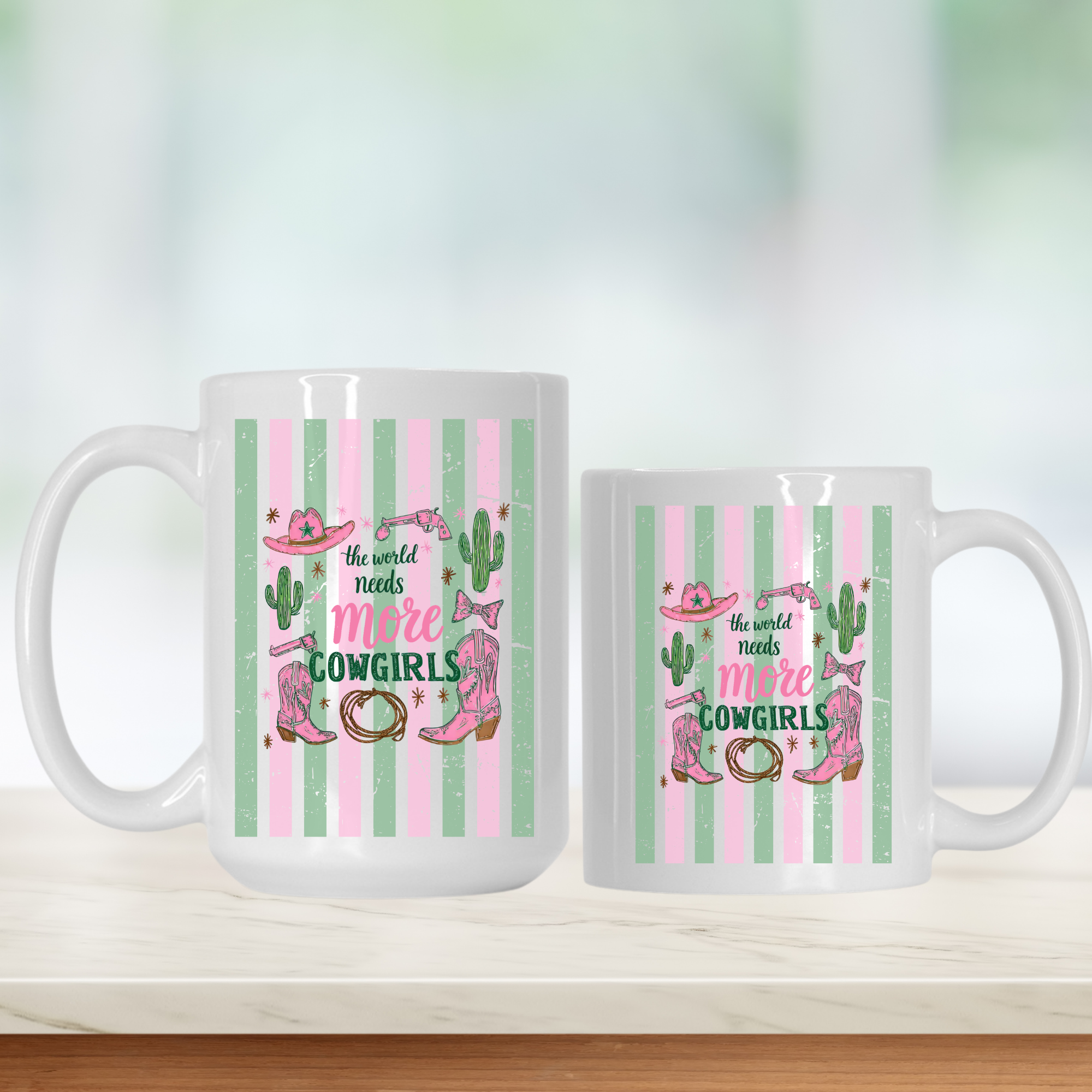 15oz and 11oz  mugs with pink and green striped designs featuring cowboy hats and boots on a white background.