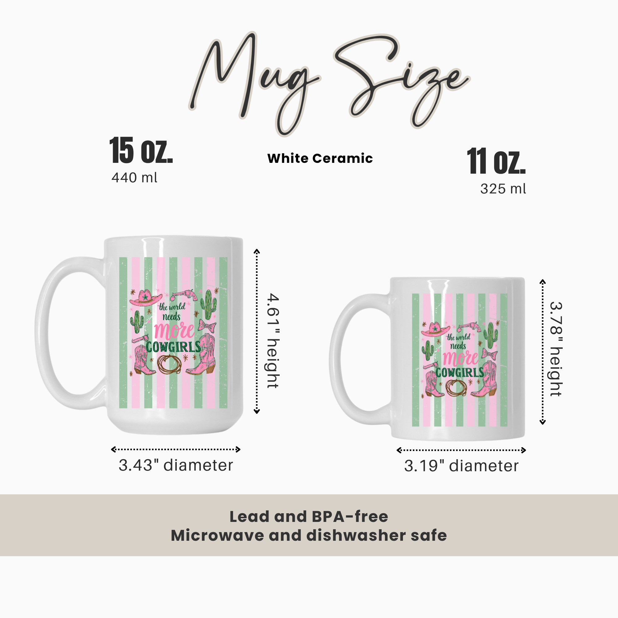 15oz and 11oz mugs with a pink and green striped design and text, showing size comparison and measurements.