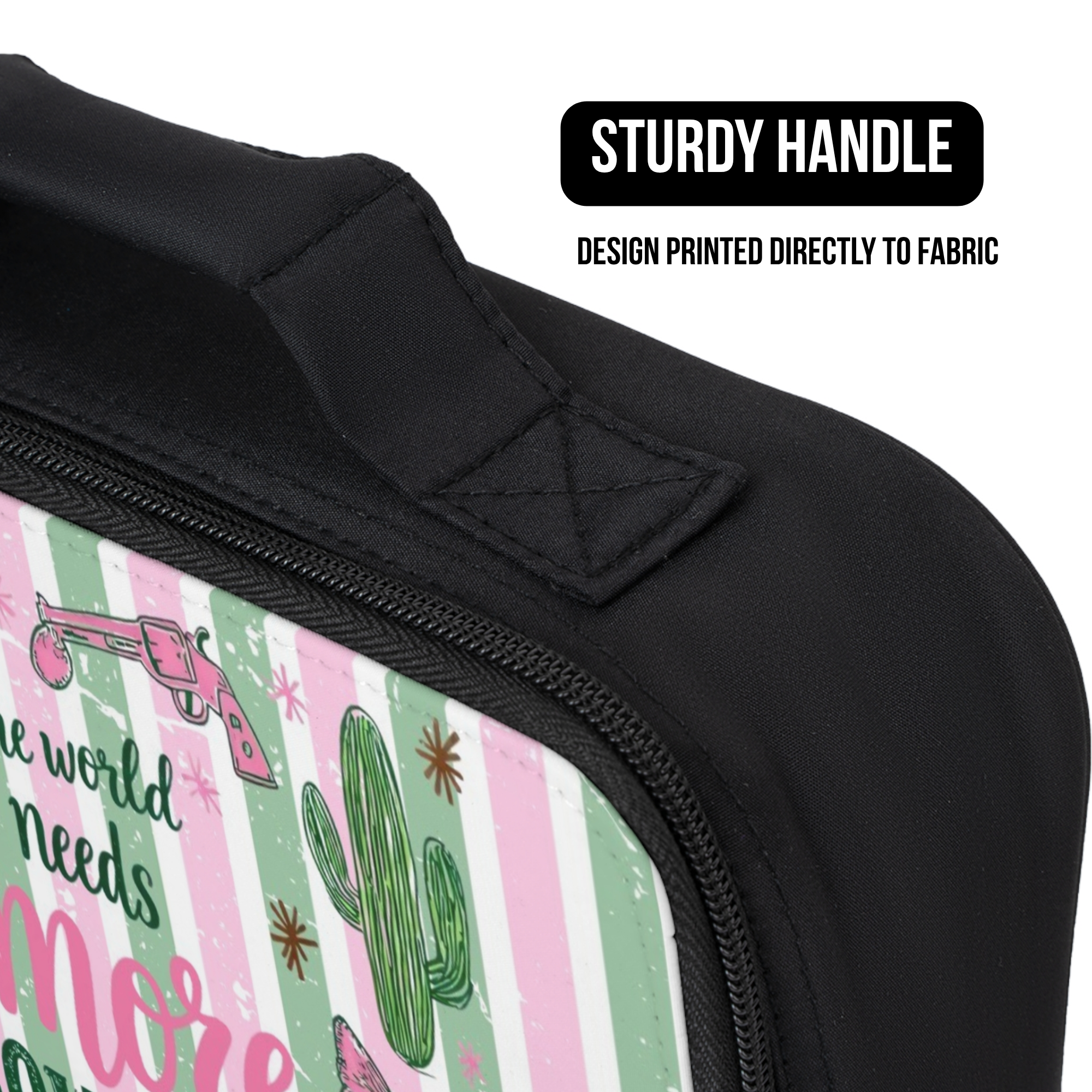 Product with a sturdy handle and design printed directly to fabric, on a white background.