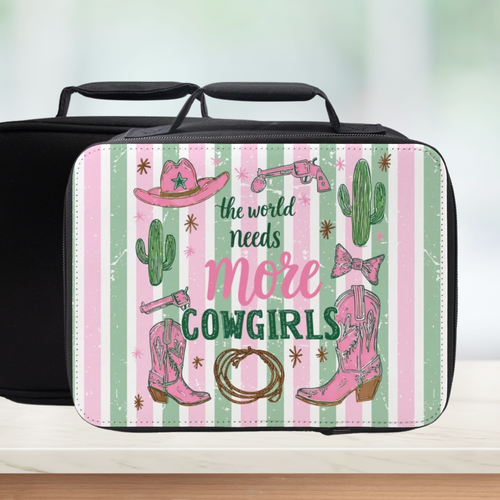 Lunch bag with pink and green striped cowgirl design and text on a striped background