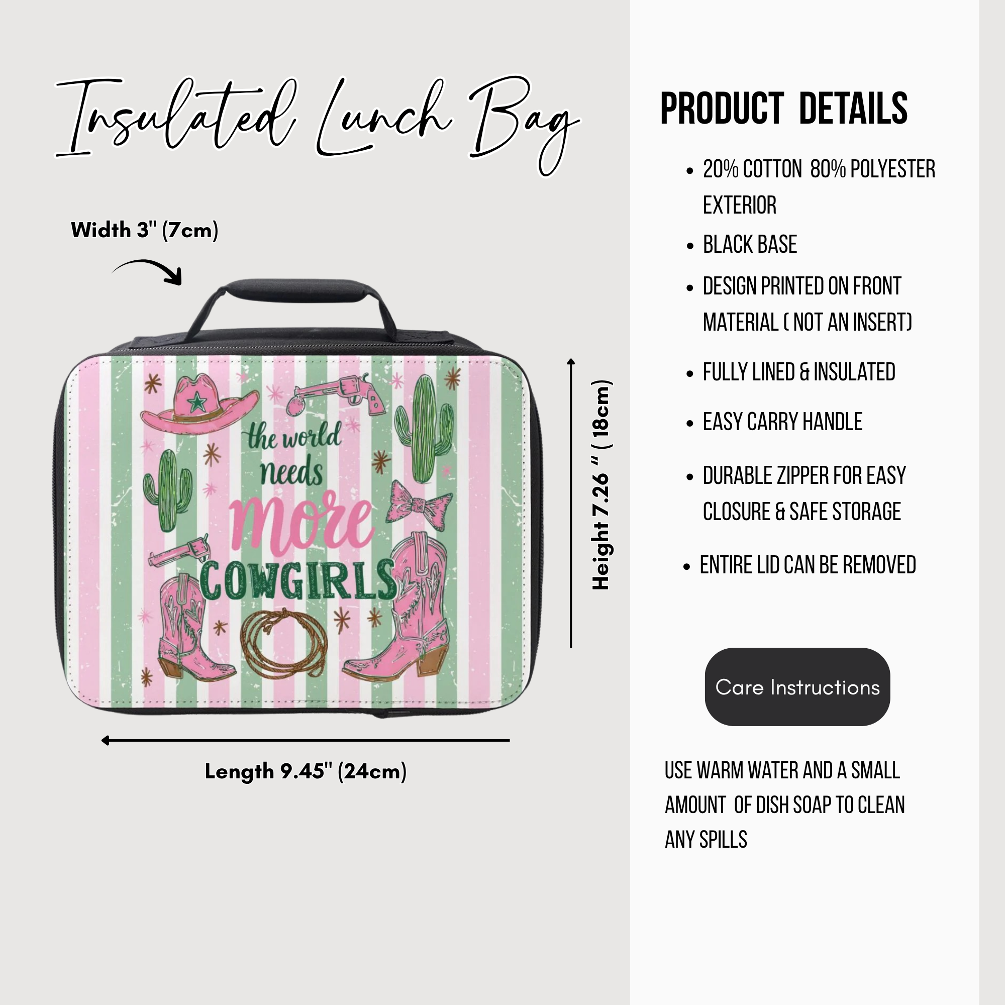 Insulated lunch bag with western cowgirl design and product details on a white background