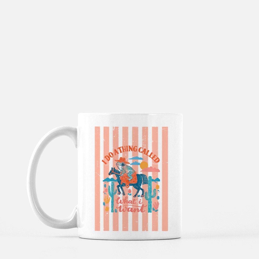 Mug with a colorful design featuring a horse, cactus, and text on a white background